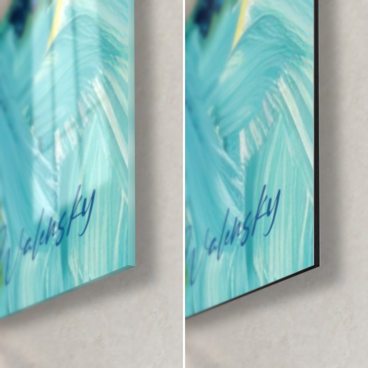 Tableau symphonie de turquoise et de bleu nuit, coin bas droit : verre acrylique brillant à gauche, Dibond noir mat à droite, tranche de 3 mm