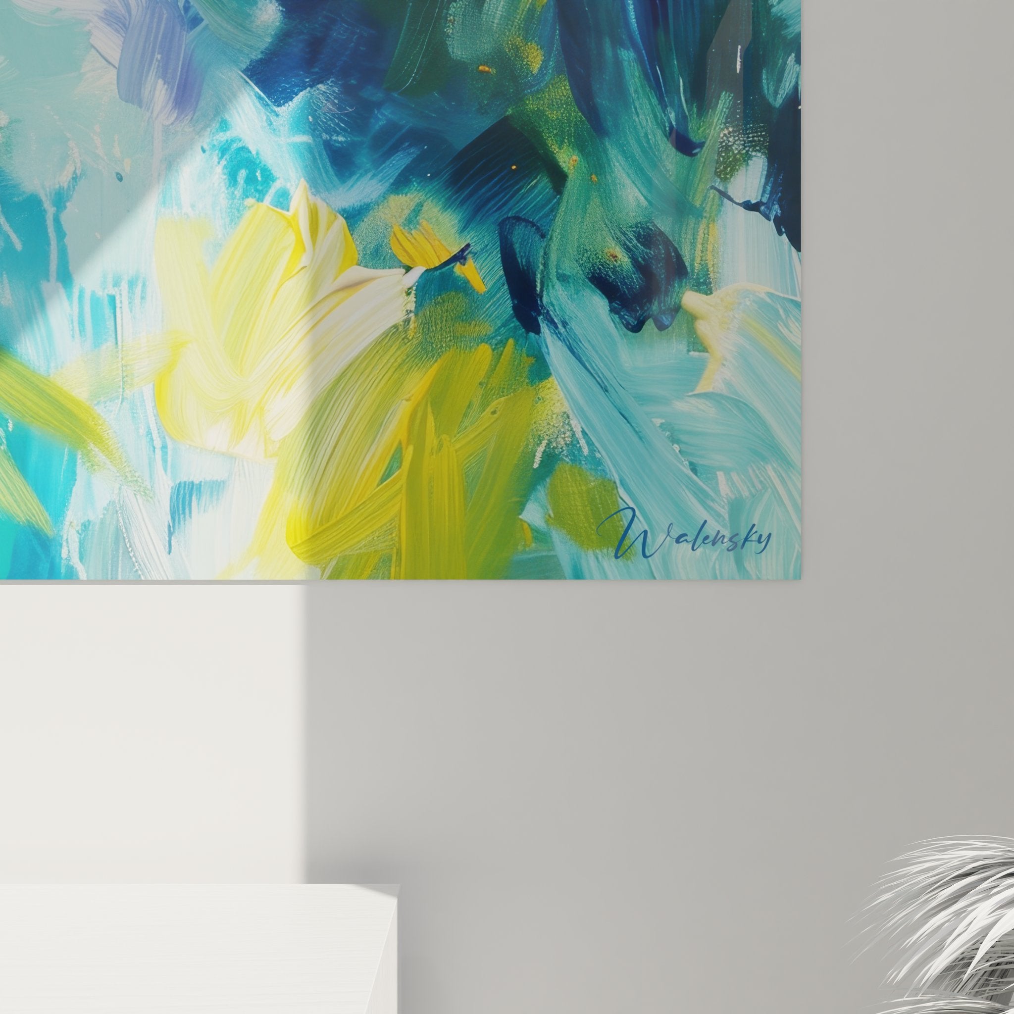 Vue ensemble tableau panoramique abstrait bleu turquoise style expressionniste pour décoration intérieure