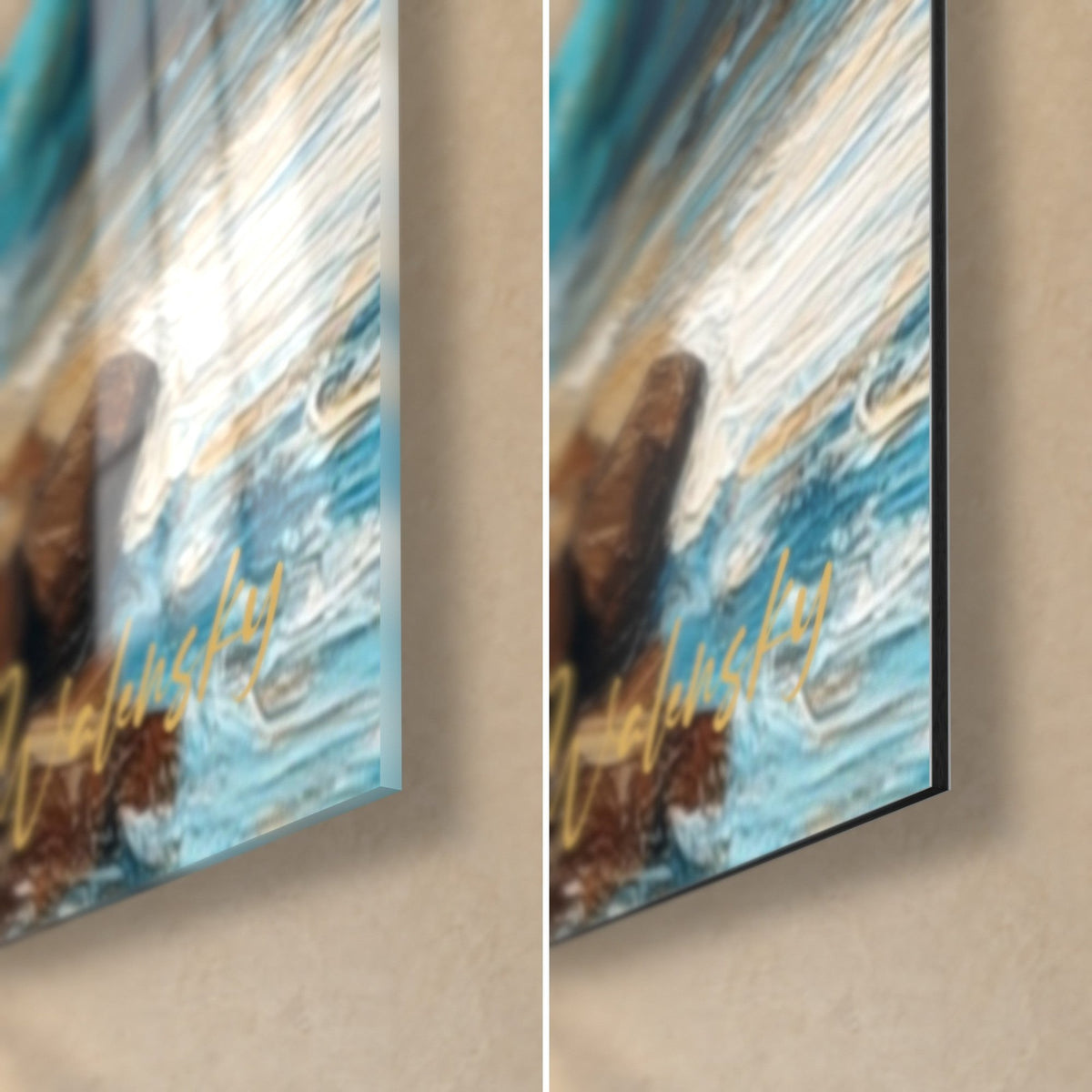 Wall art wild coast, bottom right corner: brown rock, white foam and turquoise blue, glossy glass and matte Dibond, 3 mm edge