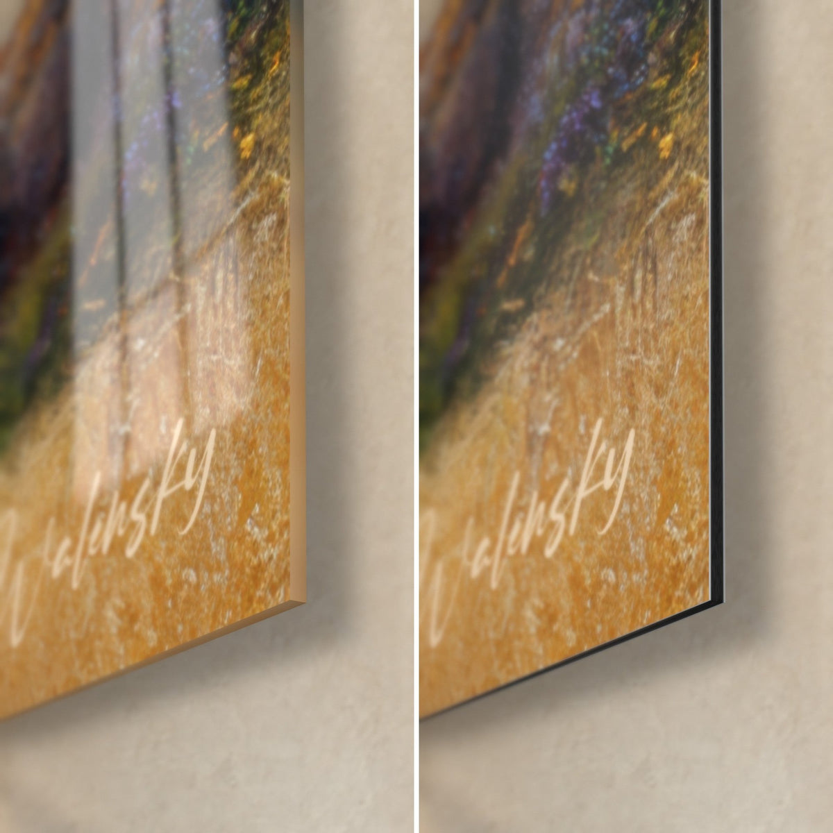 Gemälde wilde Küste mit goldenem Gras, untere rechte Ecke: glänzendes Glas reflektiert das Licht, matte Dibond-Alu, 3 mm Stärke