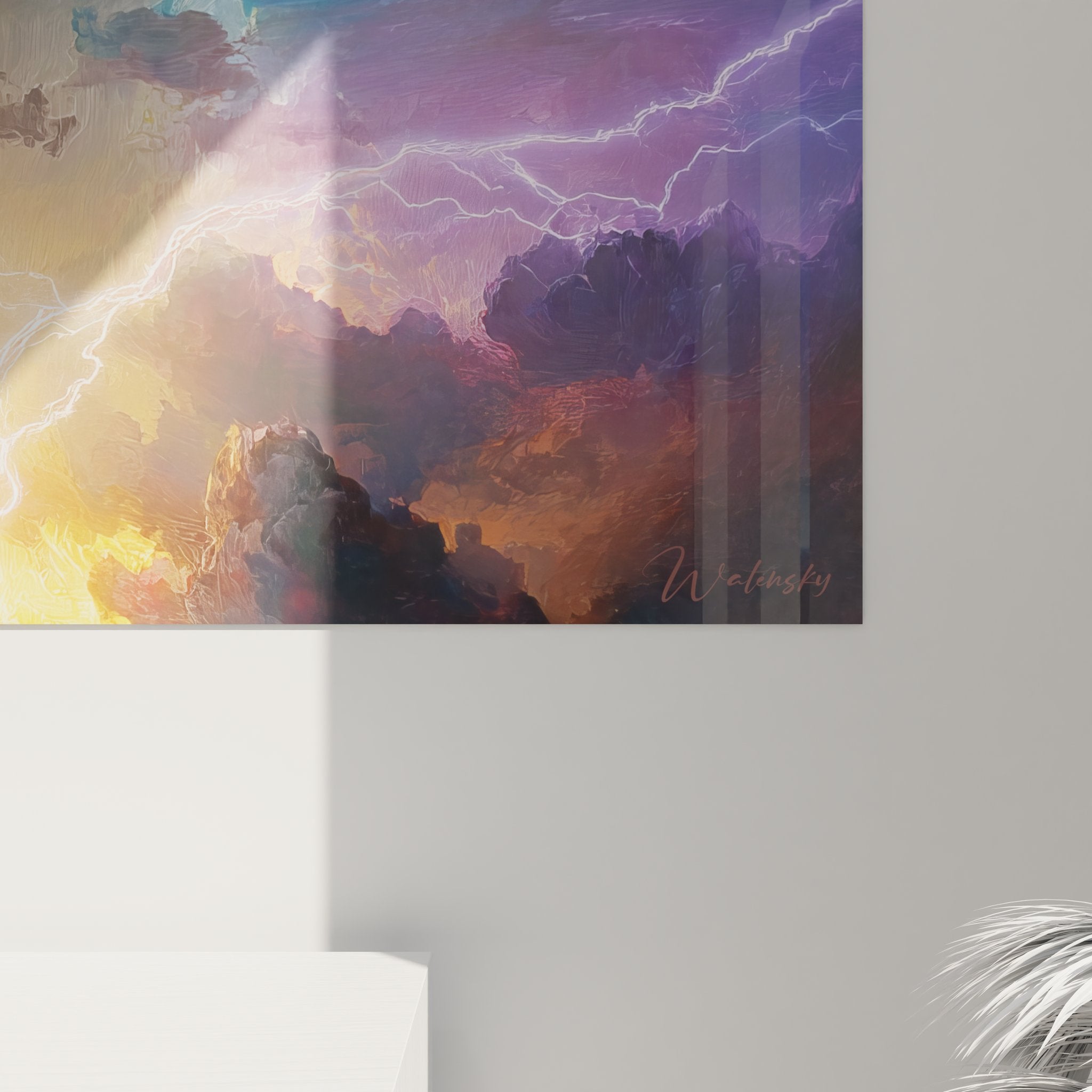 Vue ensemble tableau panoramique ciel orageux, œuvre murale complète avec éclairs et nuages colorés