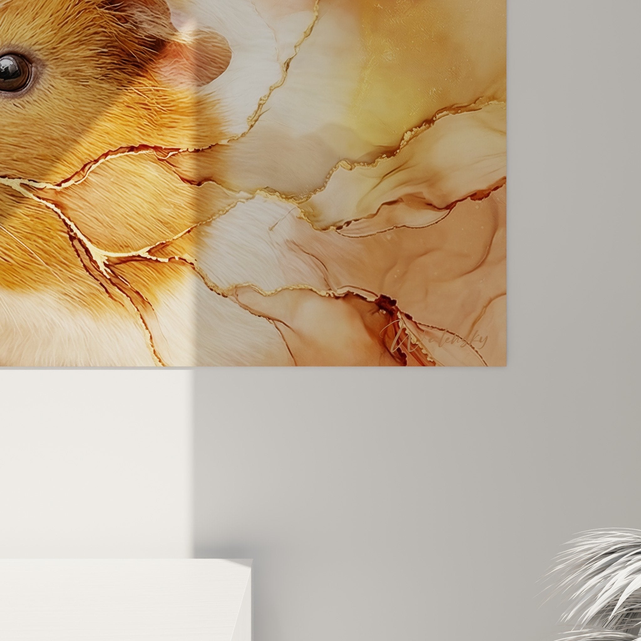 Übersicht Panorama-Kunstdruck Meerschweinchen auf marmoriertem Hintergrund mit Gold- und Kupfer-Edelsteineffekt