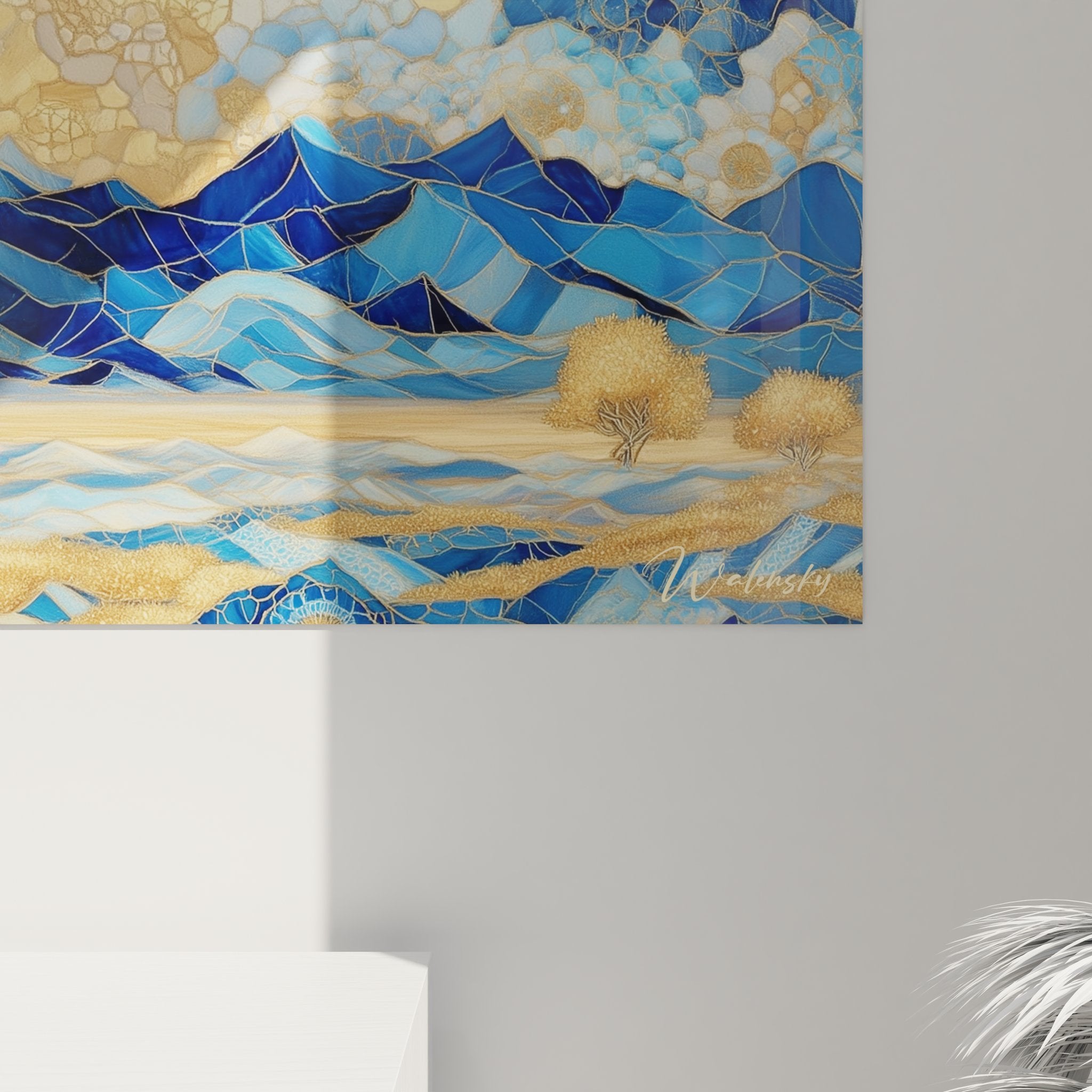 Vue ensemble tableau panoramique désert géométrique mosaïque montagnes bleues tons dorés art mural contemporain