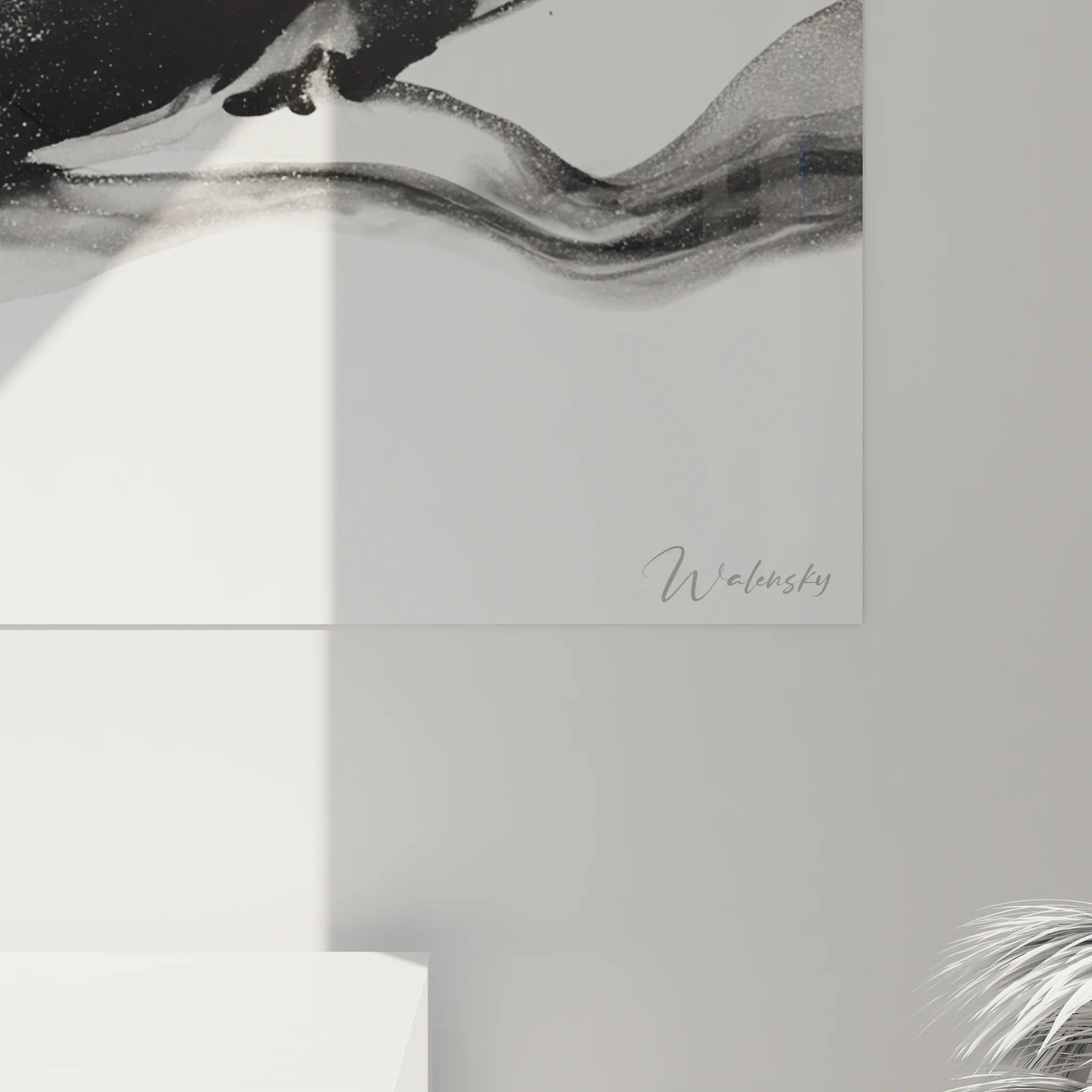 Vue d'ensemble tableau panoramique encre fluide noir blanc, art mural abstrait pour décoration contemporaine