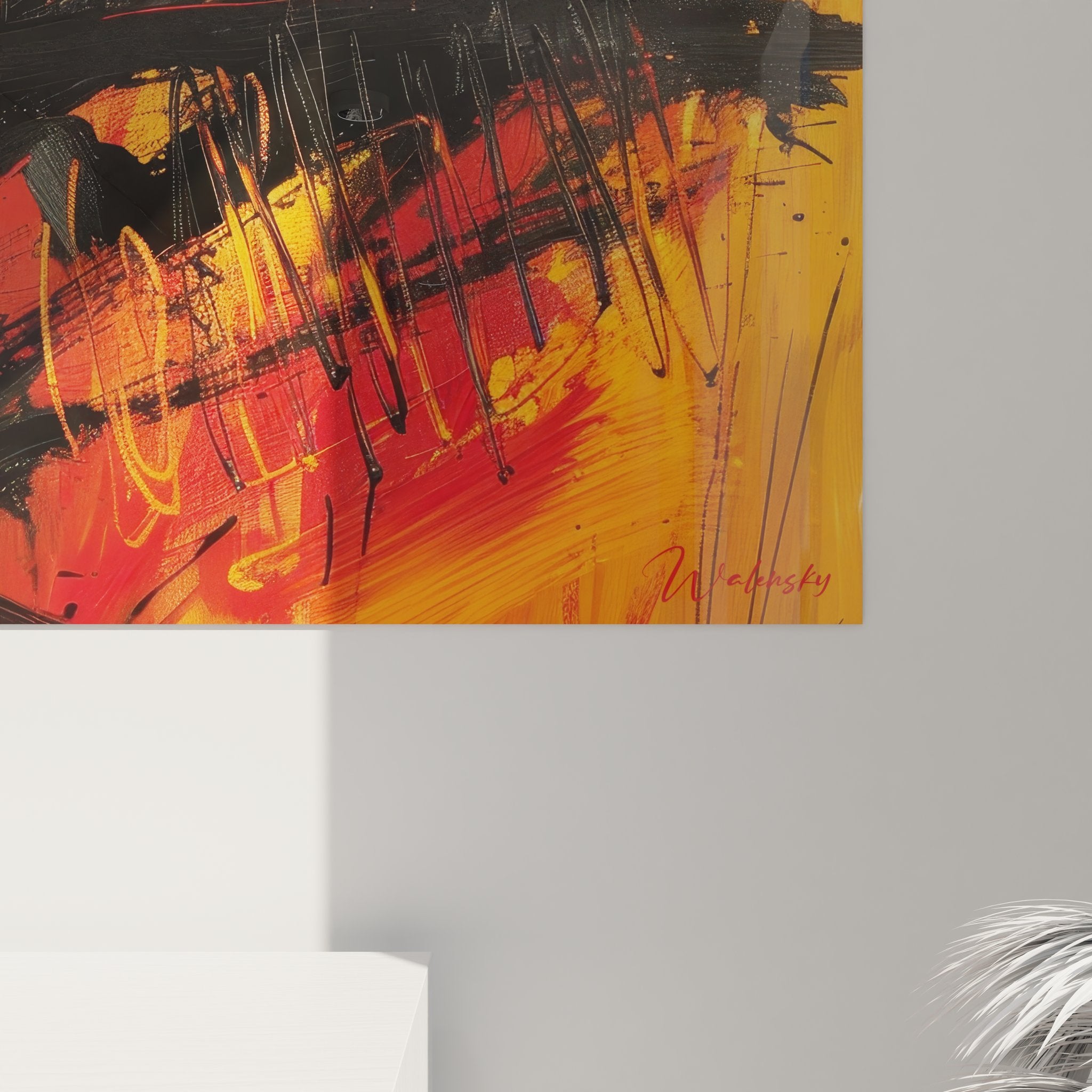 Vue ensemble tableau panoramique expressionniste abstrait composition rouge orange noir art contemporain