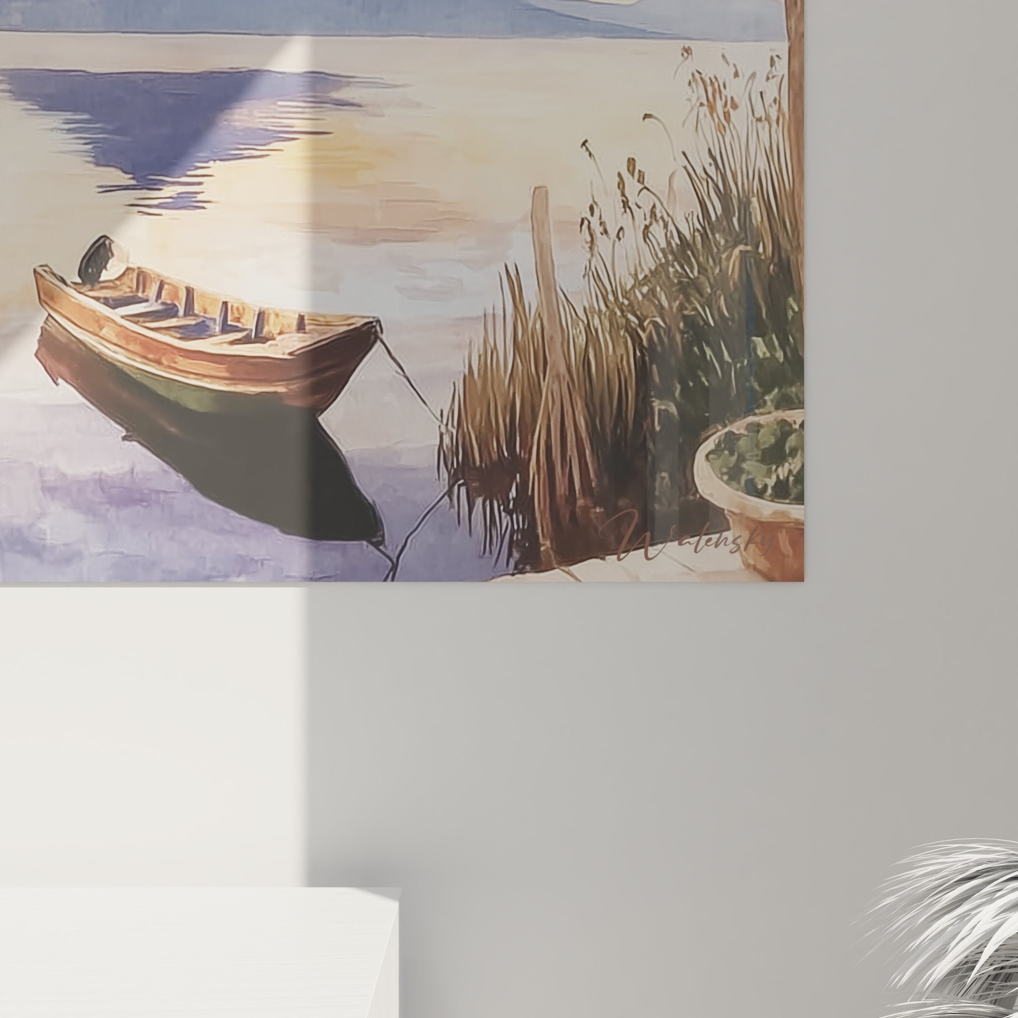 Vue ensemble tableau panoramique lac ponton, art mural nature pour décoration intérieure zen