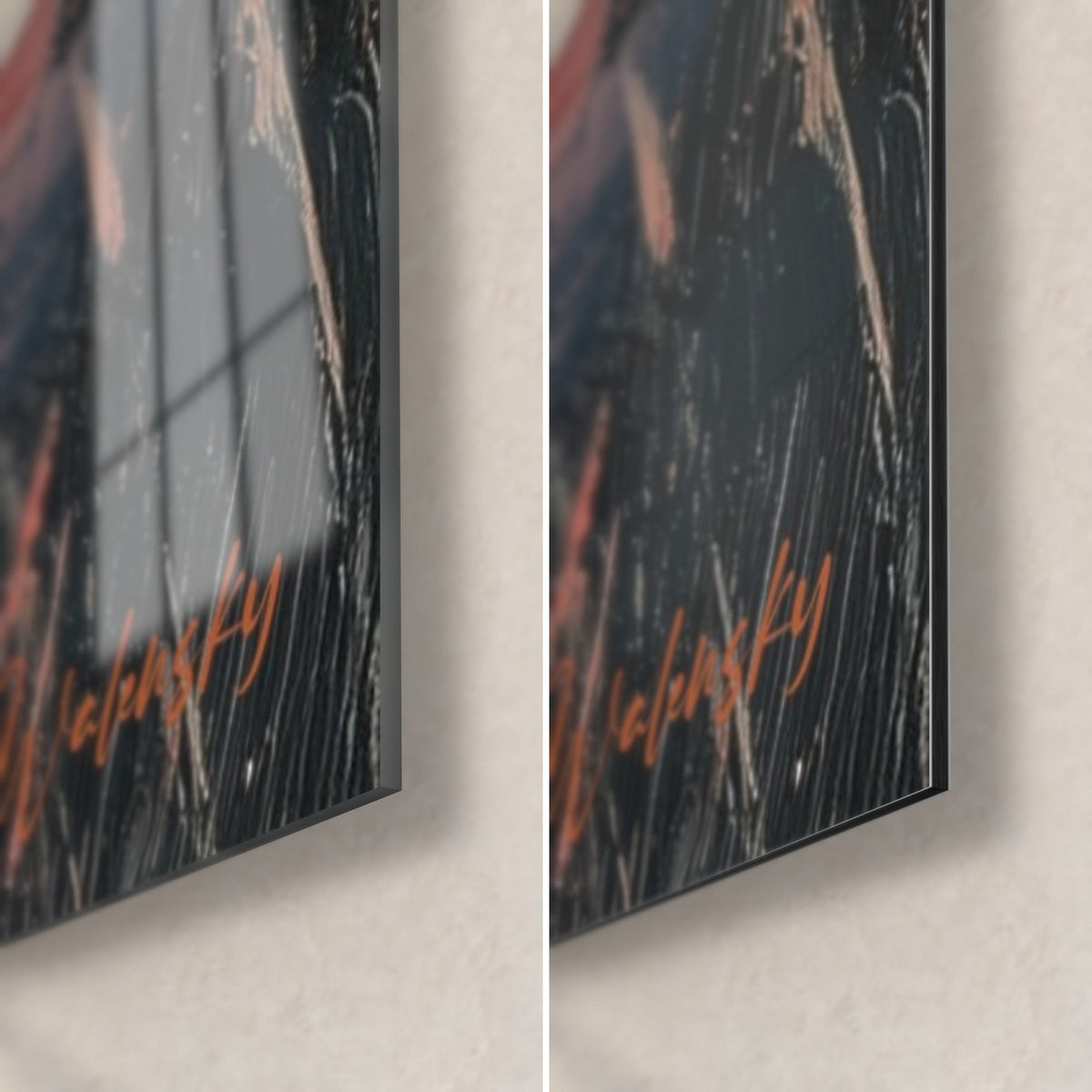 Schilderij leeuwin met roestkleurige vacht, rechteronderhoek: glanzend glas links, mat zwart Dibond-aluminium rechts, dunne rand