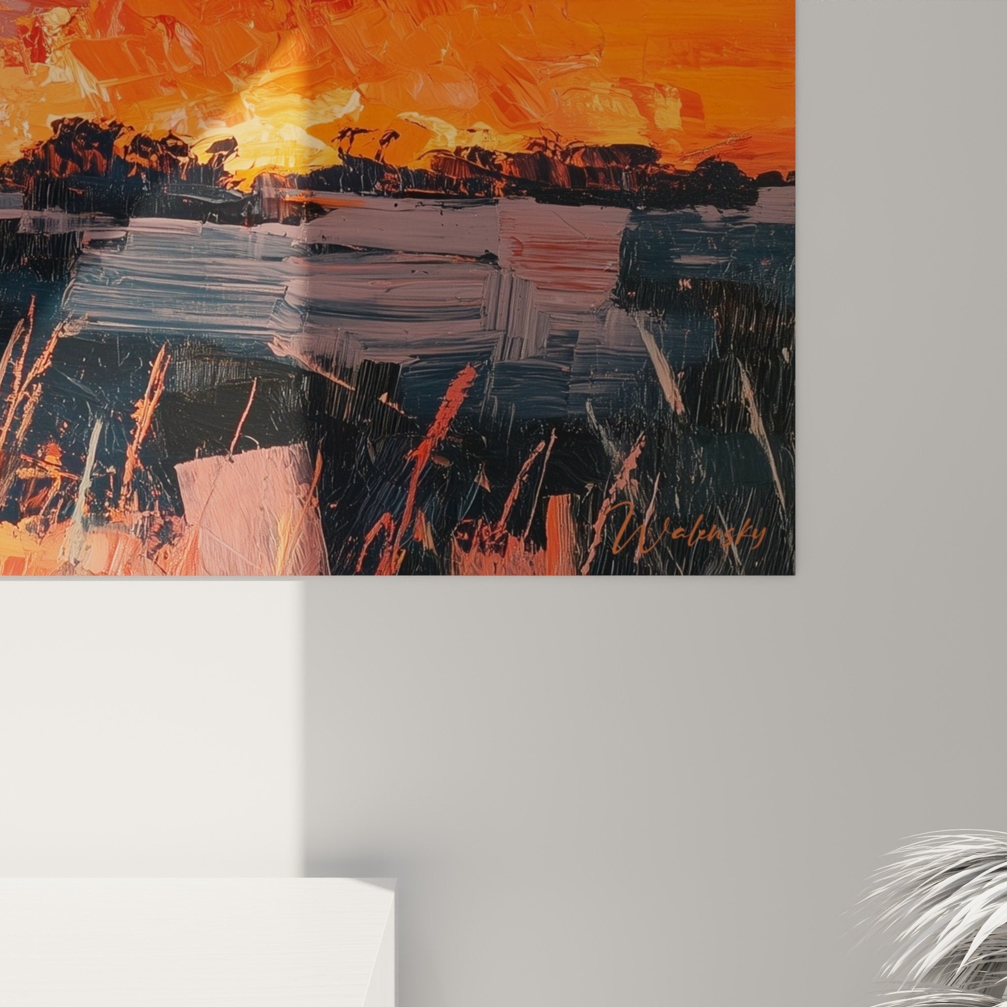 Full view panoramic painting African savanna lion flaming orange pink sky dark vegetation contrast