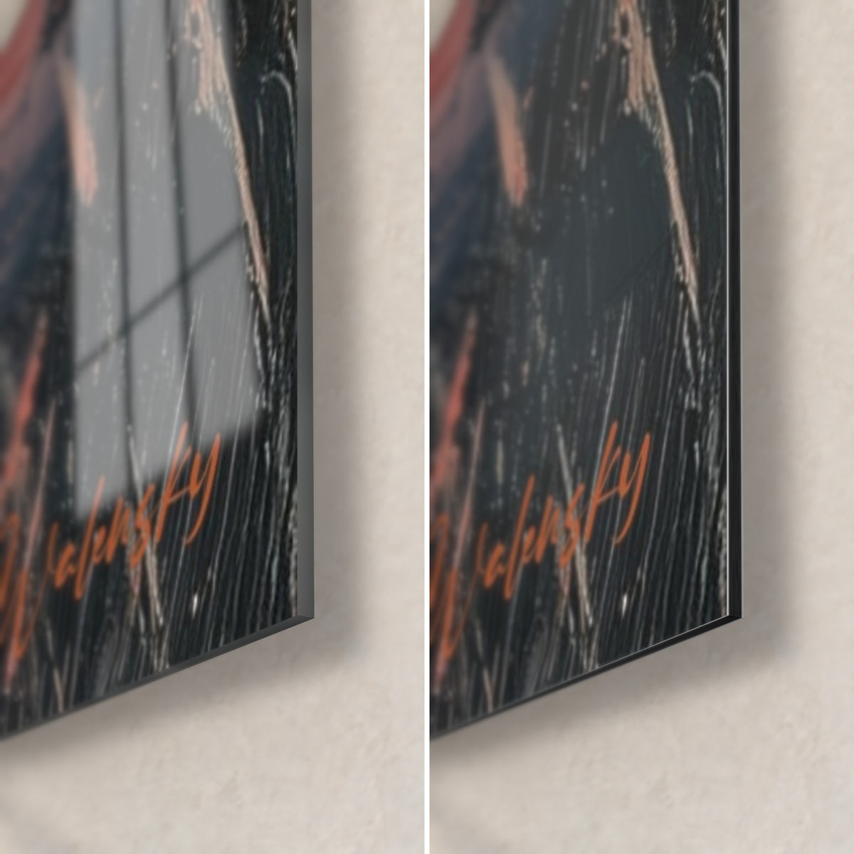 Schilderij leeuwin met roestkleurige vacht, rechteronderhoek: glanzend glas links, mat zwart Dibond-aluminium rechts, dunne rand