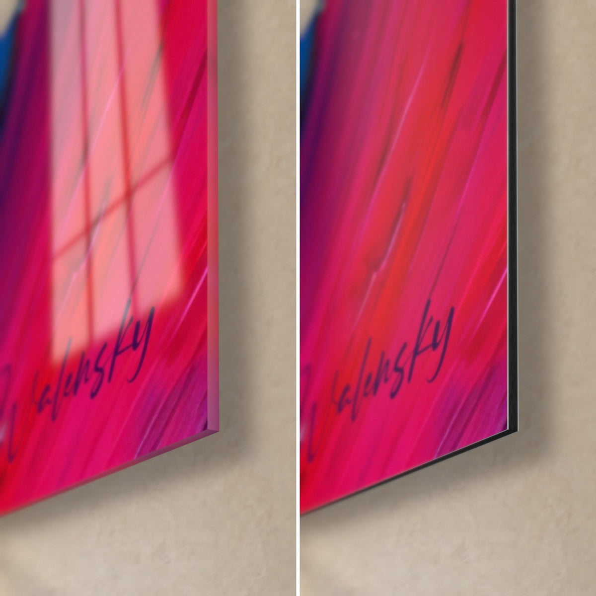 Wall art fuchsia pink spiral, bottom right corner, glossy acrylic glass on the left and matte Dibond aluminium on the right, 3 mm edge