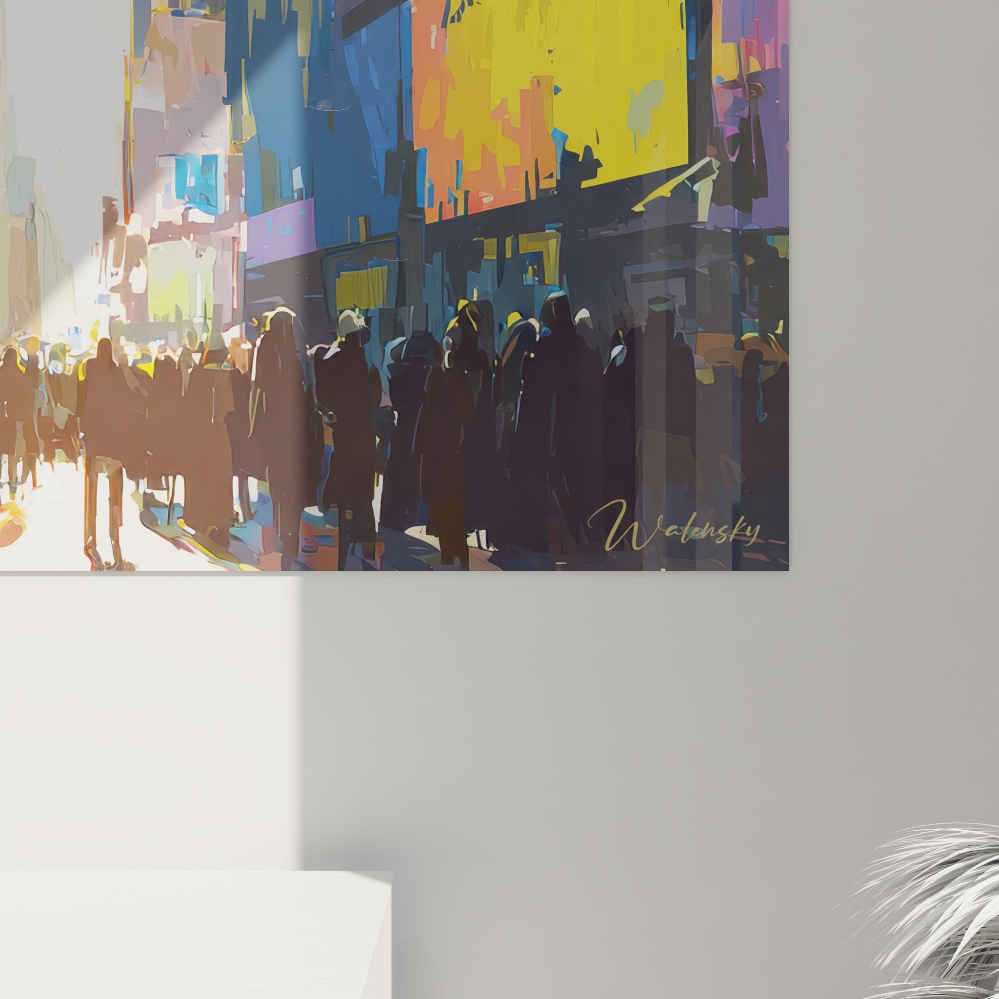 Vue ensemble tableau panoramique Times Square - décoration murale New York dans salon contemporain