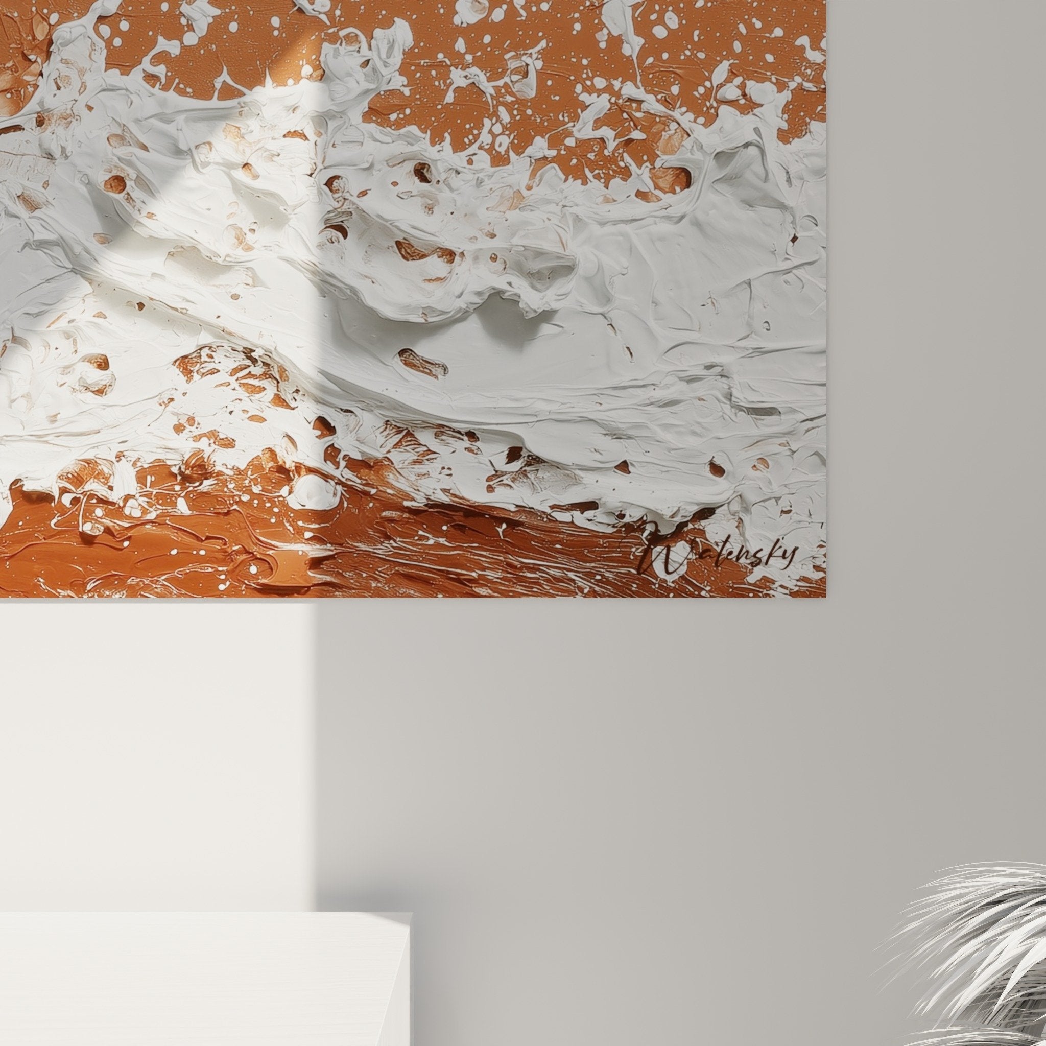 Vue ensemble tableau panoramique vagues blanches ocre, intégration déco feng shui centre terre