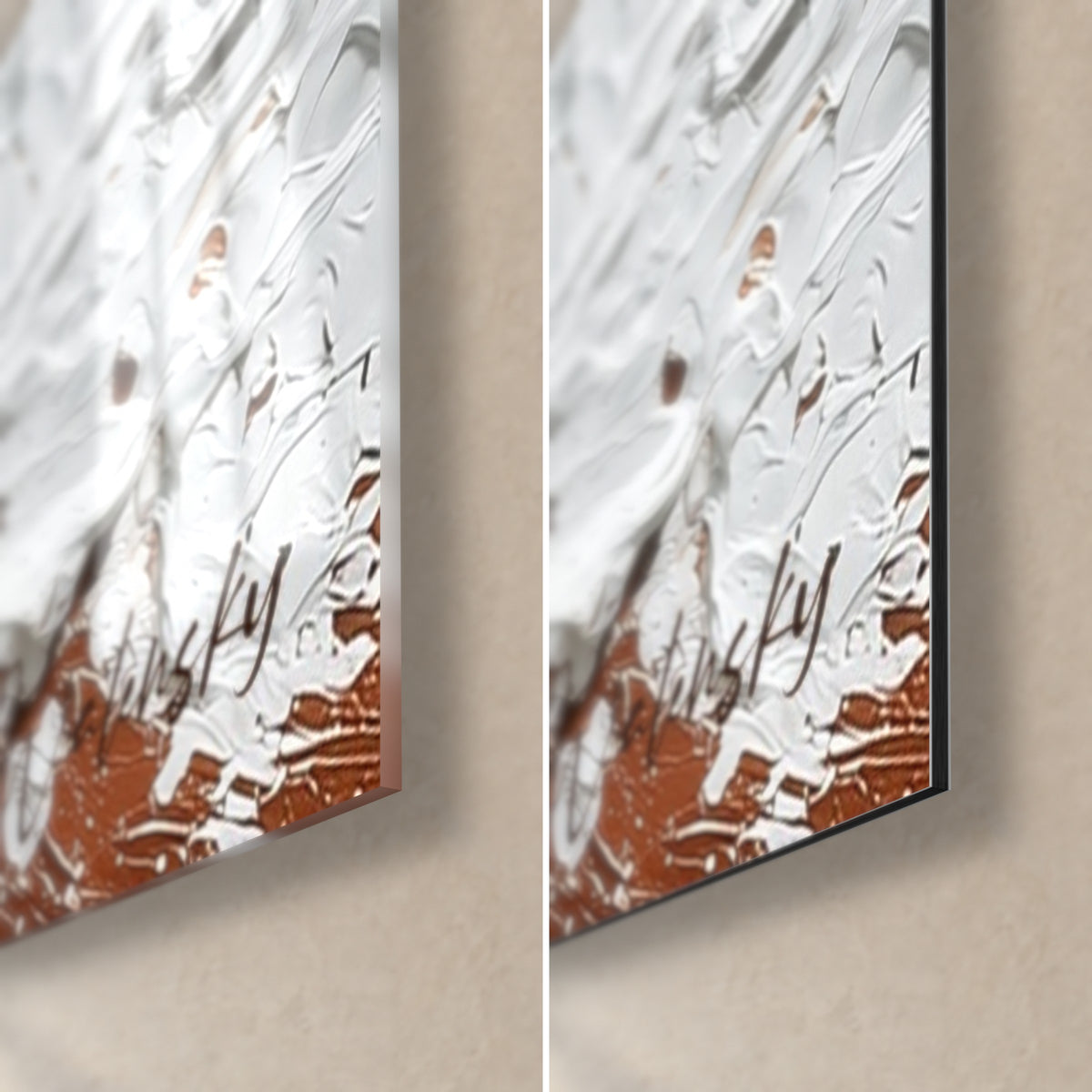 Cuadro ola blanca en empaste grueso sobre ocre, esquina inferior derecha: cristal brillante a la izquierda, Dibond mate a la derecha, canto de 3 mm
