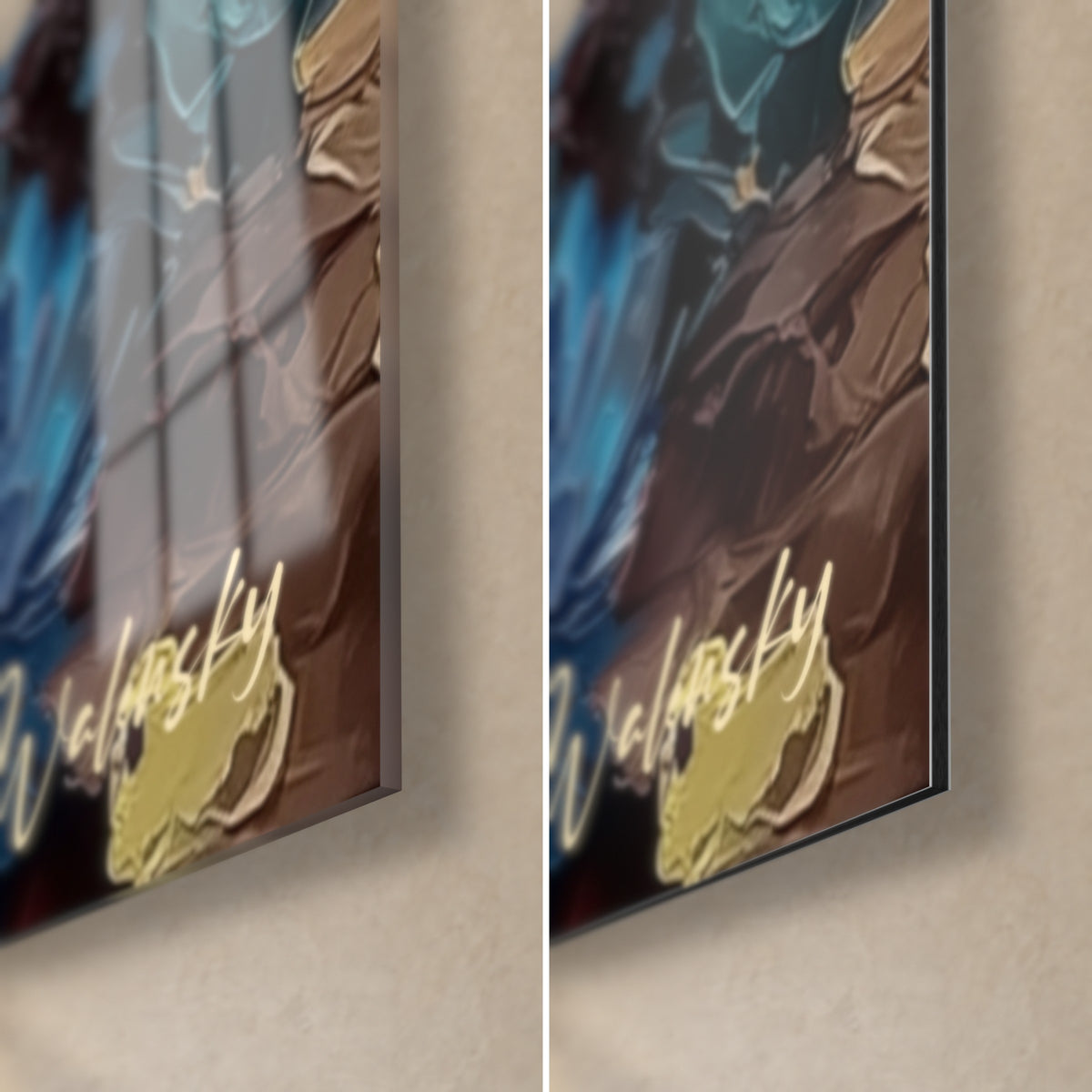 Πίνακας κίτρινο ψάρι πεταλούδα με μαύρη μάσκα, λεπτομέρεια κάτω δεξιά: γυαλιστερό ακρυλικό γυαλί με αντανακλάσεις αριστερά, ματ καφέ Dibond δεξιά
