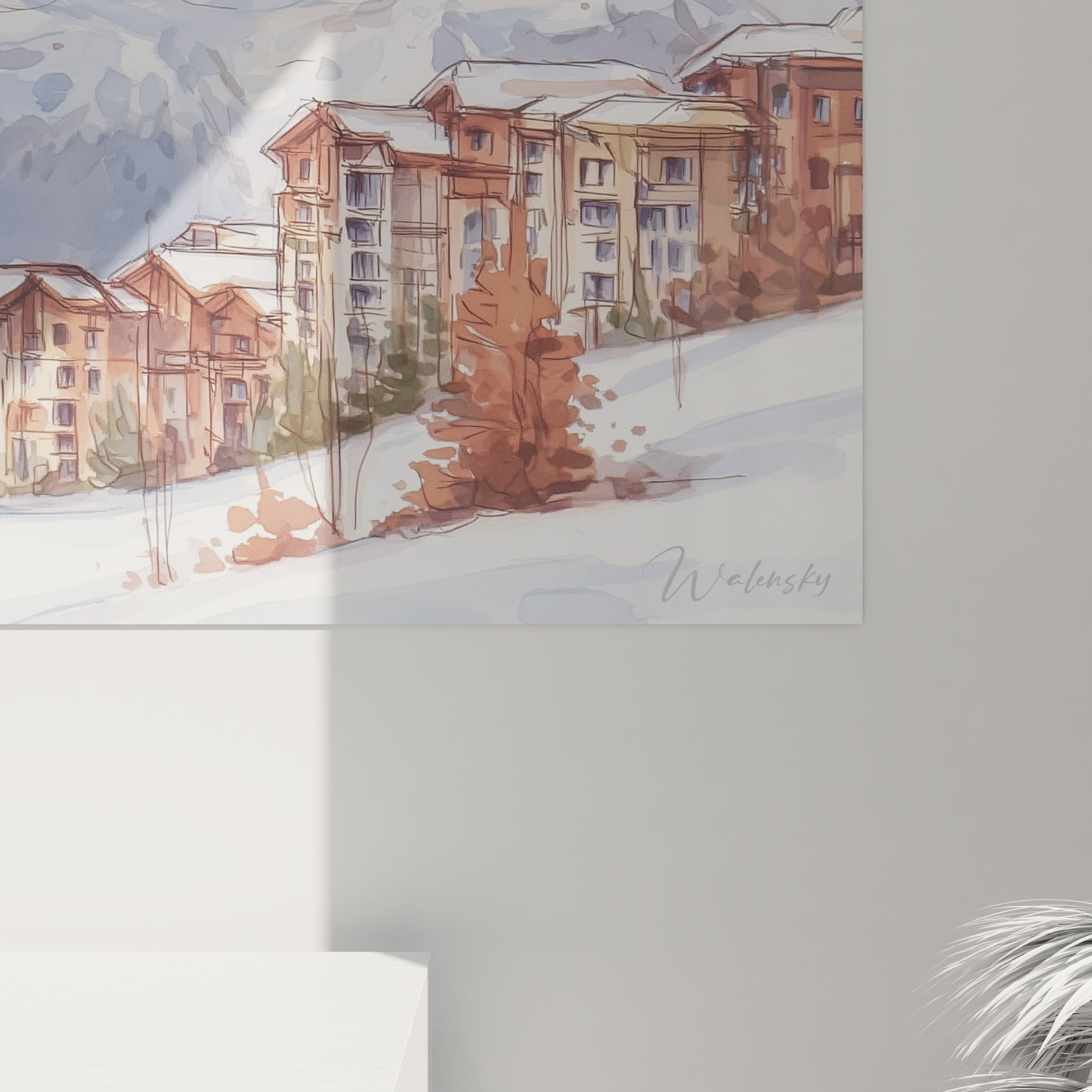 Vue ensemble tableau panoramique village montagne stations ski décoration murale