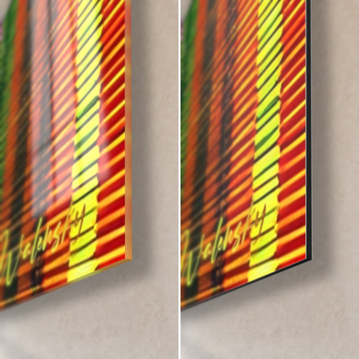 Wall art strips of red and yellow African fabric, bottom right corner: glossy acrylic glass on the left, matte Dibond aluminium on the right