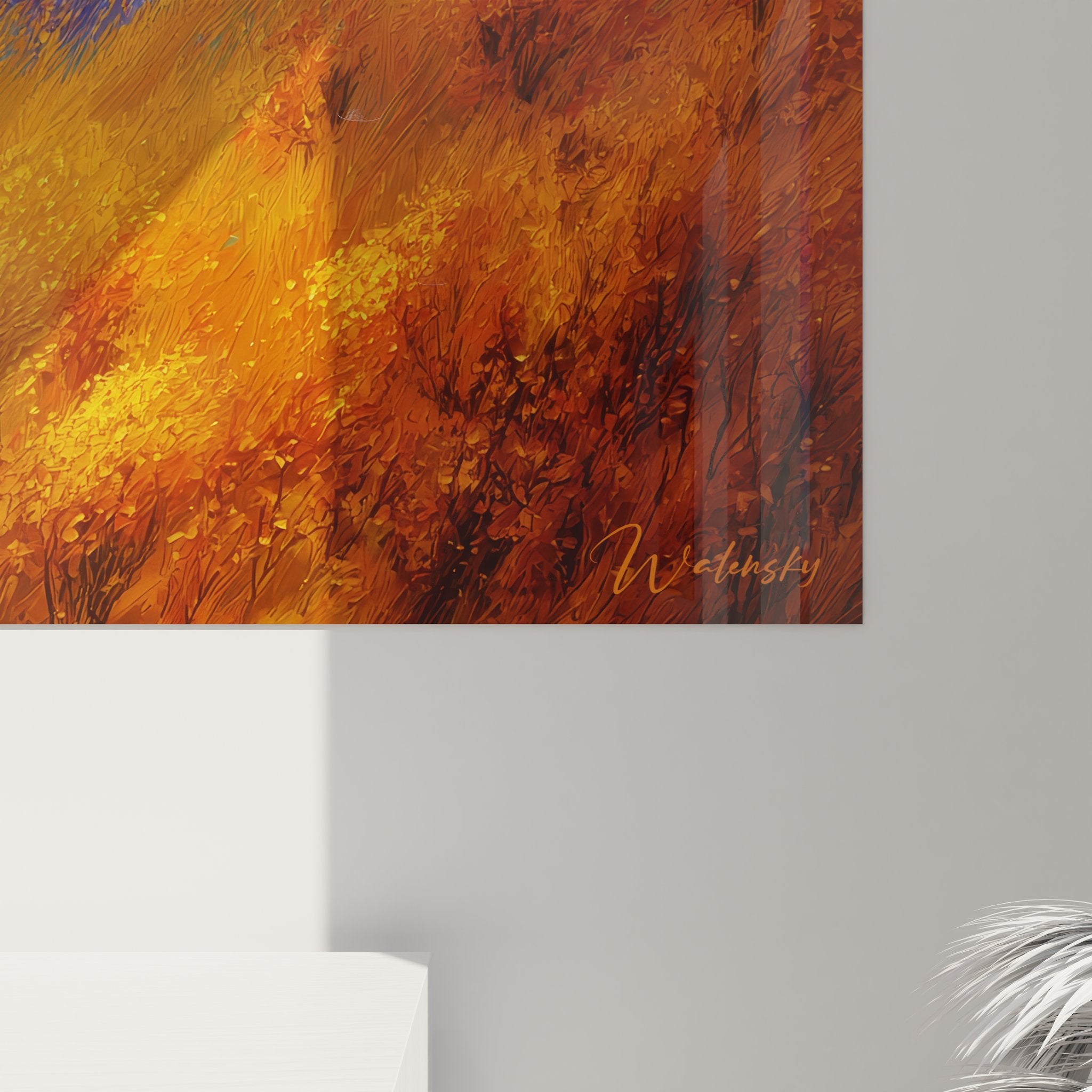 Vue ensemble tableau mural art contemporain paysage alpin cerisiers fleurs montagnes enneigées