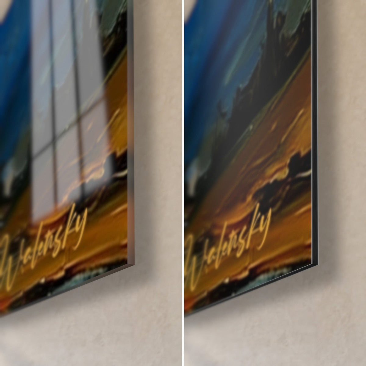 Tableau pic enneigé, coin bas droit : verre acrylique brillant à gauche, alu Dibond mat à droite, tranche de 3 mm, signature dorée