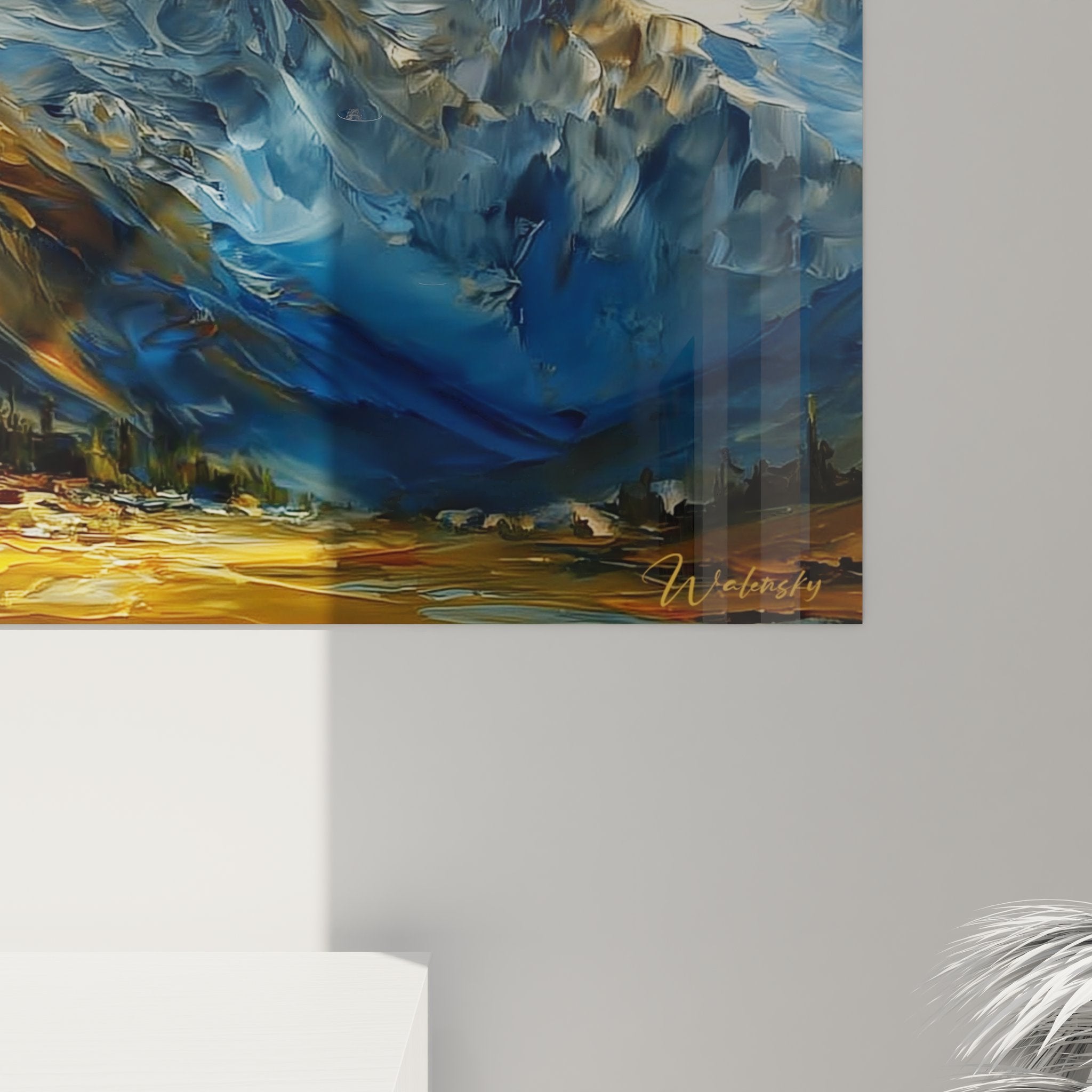 Vue ensemble tableau mural paysage alpin, œuvre d'art montagne enneigée style contemporain