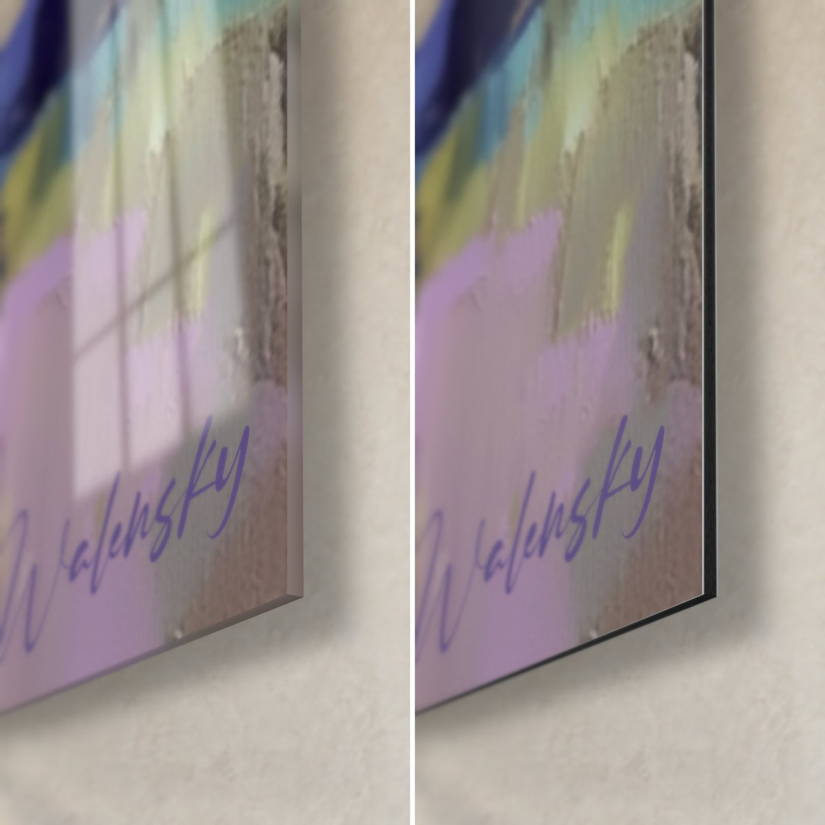 Wall art mountain landscape with lilac and sage green touches, bottom right corner: glossy glass on the left, matte Dibond on the right, 3 mm edge