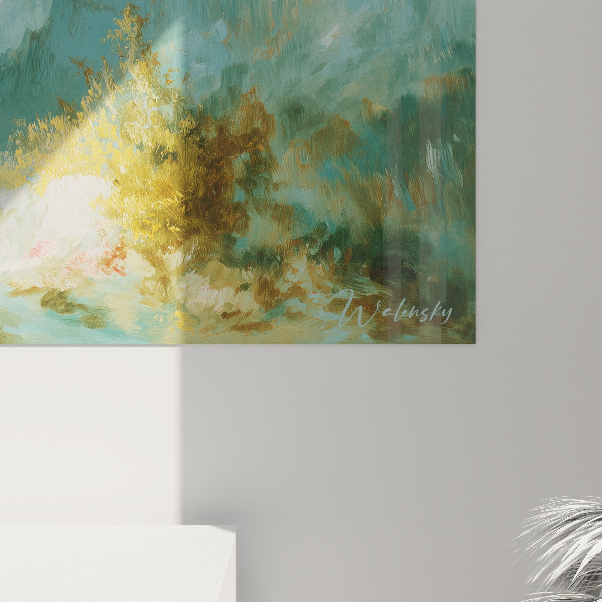 Vue ensemble tableau mural paysage alpin volcanique turquoise or pour décoration intérieure nature