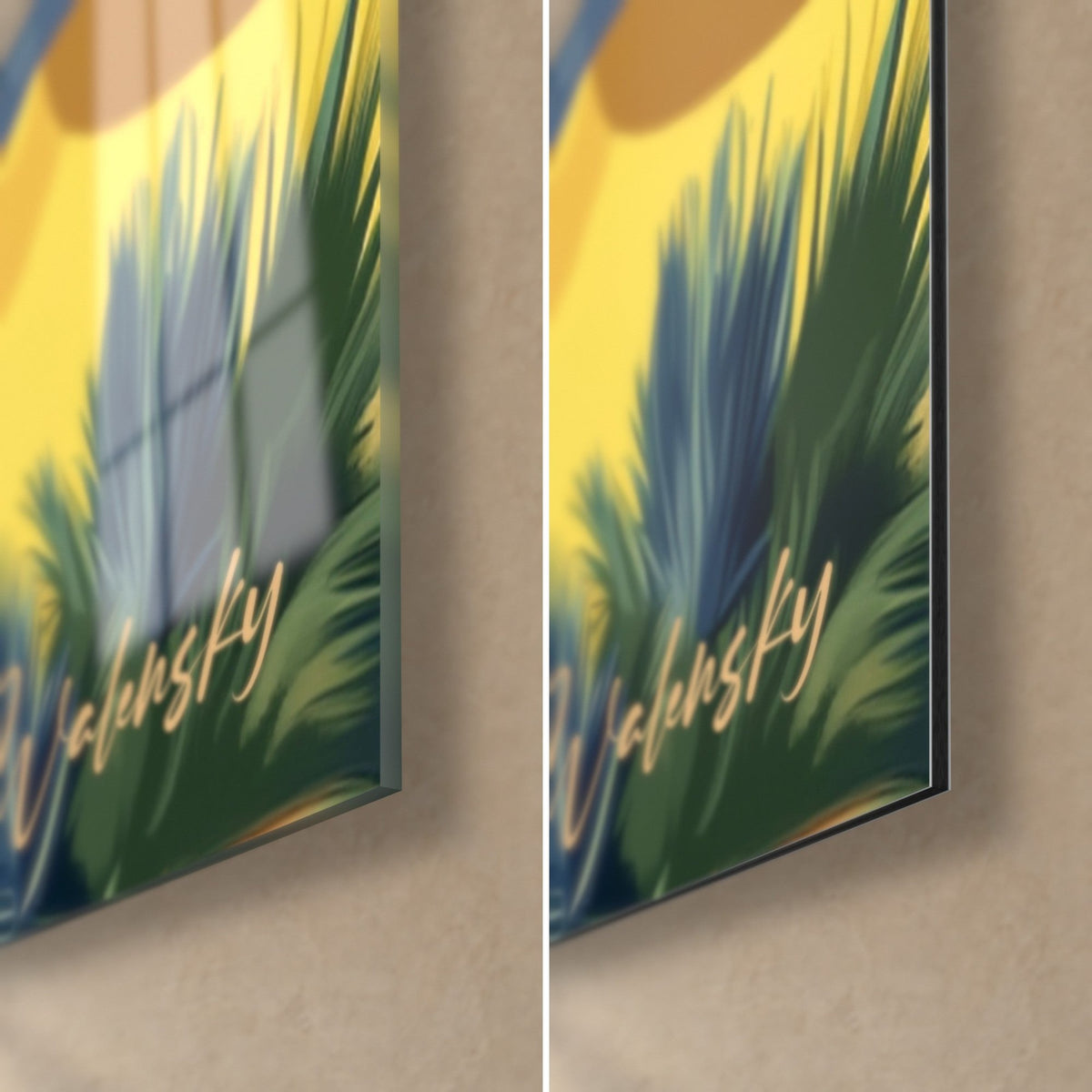 Schilderij van een woestijnlandschap met groene en gele palmbomen, gouden Walensky-signatuur, glanzend glas links, mat Dibond rechts