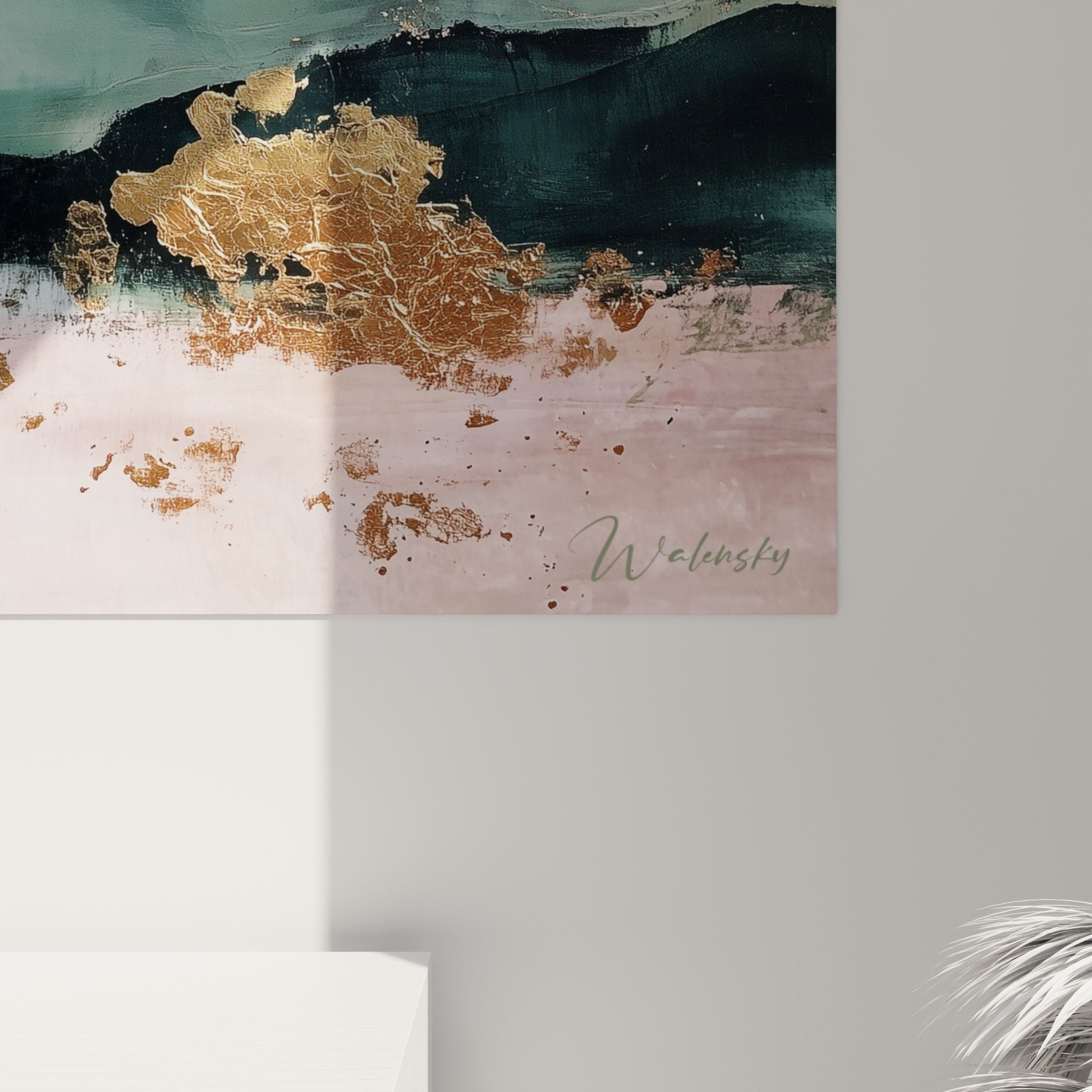 Vue ensemble tableau abstrait paysage céleste composition rose vert émeraude feng shui sud-est bois