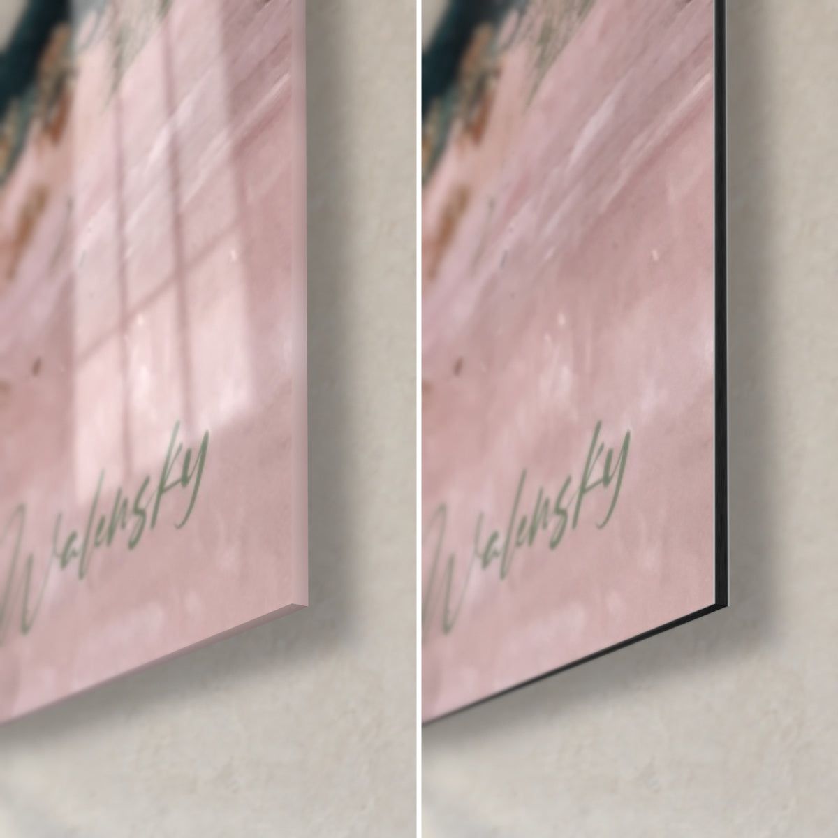 Gemälde rosa Himmel in hellen Tönen und dunkles Grün, Walensky-Signatur, untere rechte Ecke aus glänzendem Glas und mattem Dibond, 3 mm Kante