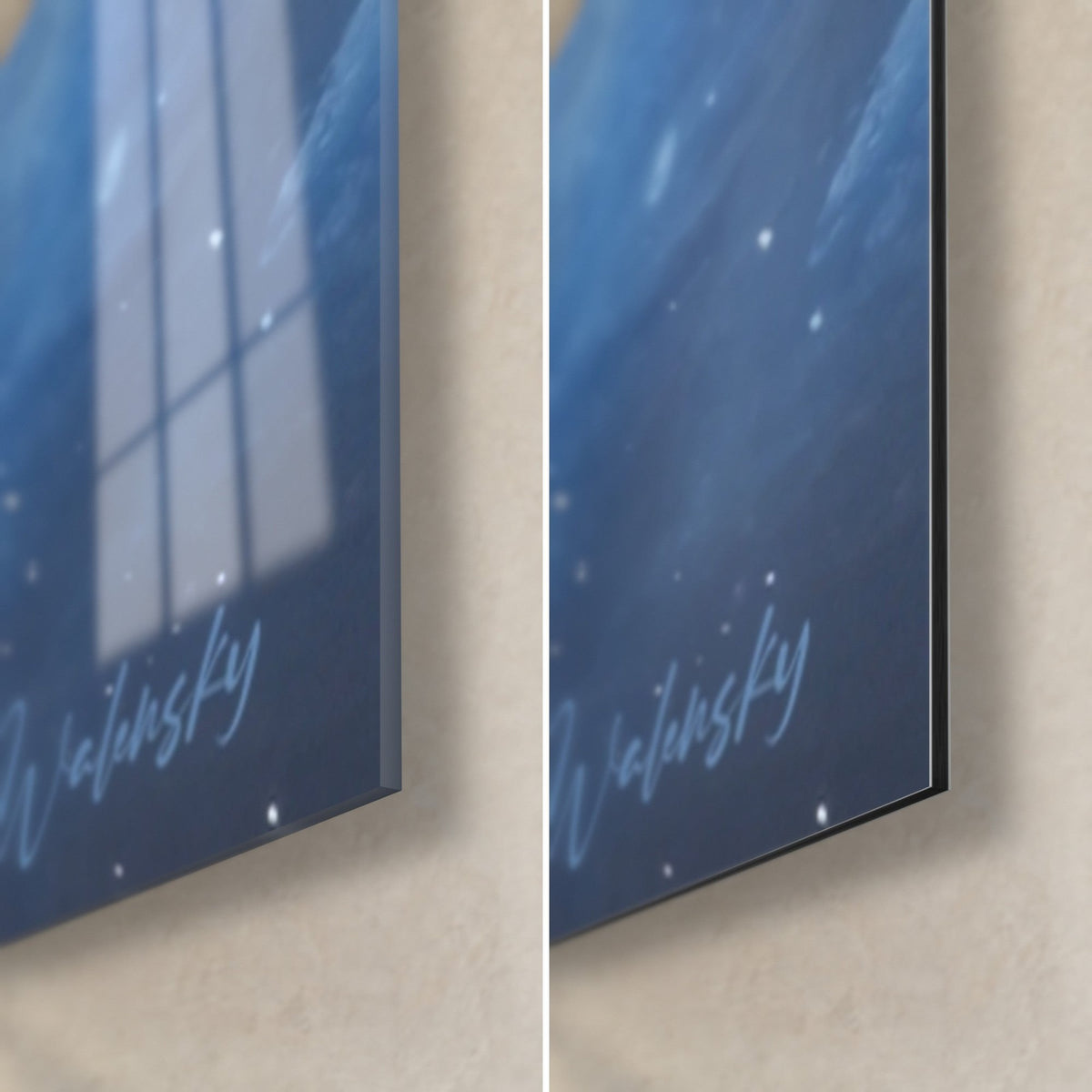 Wall art starry blue planet, bottom right corner: glossy acrylic glass with reflections on the left, matte Dibond aluminum on the right, 3 mm edge