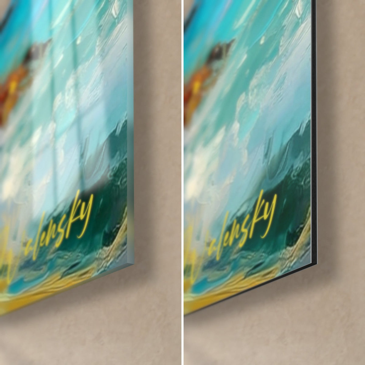 Wall art turquoise ocean and golden yellow cliffs, bottom right corner: glossy acrylic glass on the left, matte Dibond and edge on the right