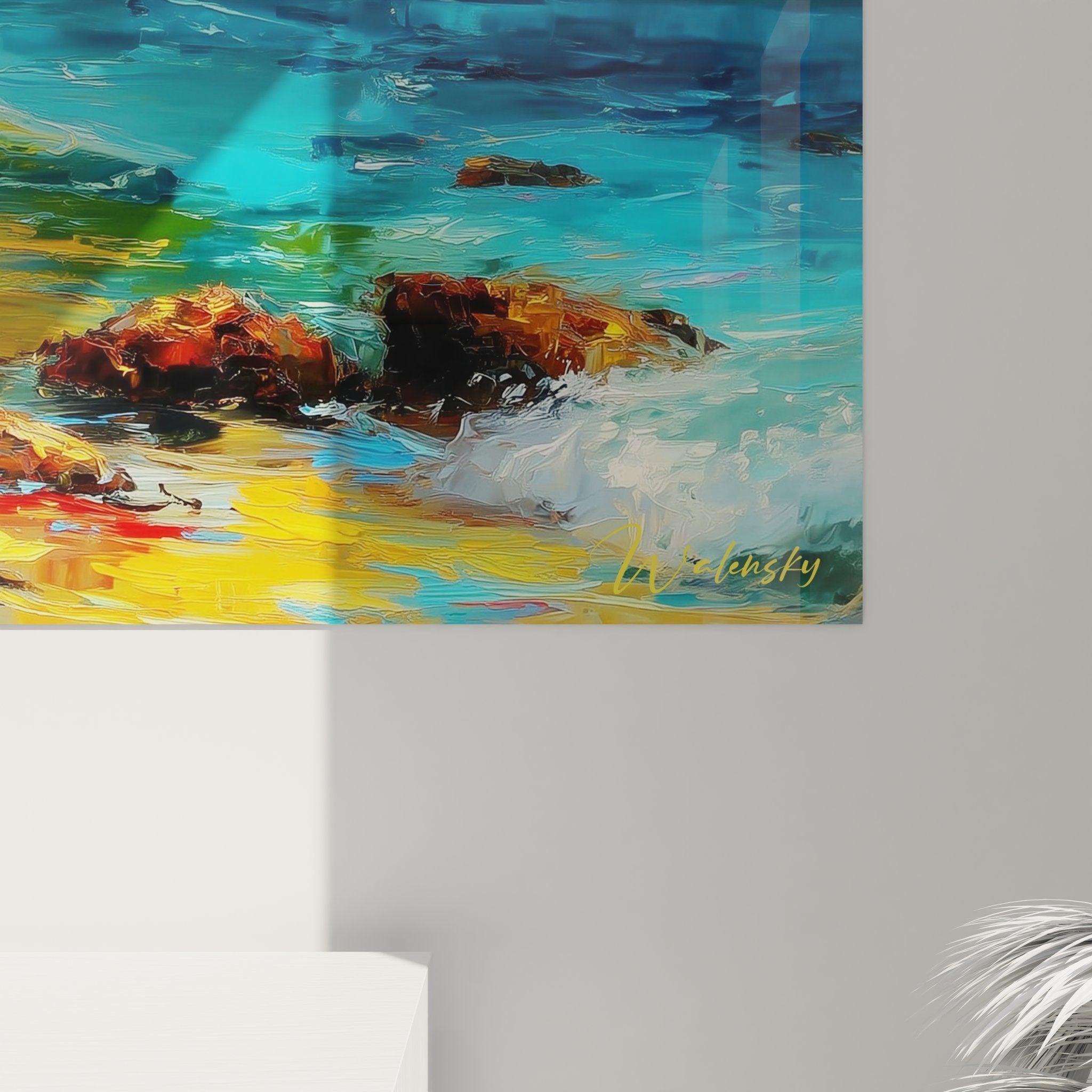 Vue ensemble tableau falaises dorées, peinture marine complète avec côte rocheuse et formations géologiques