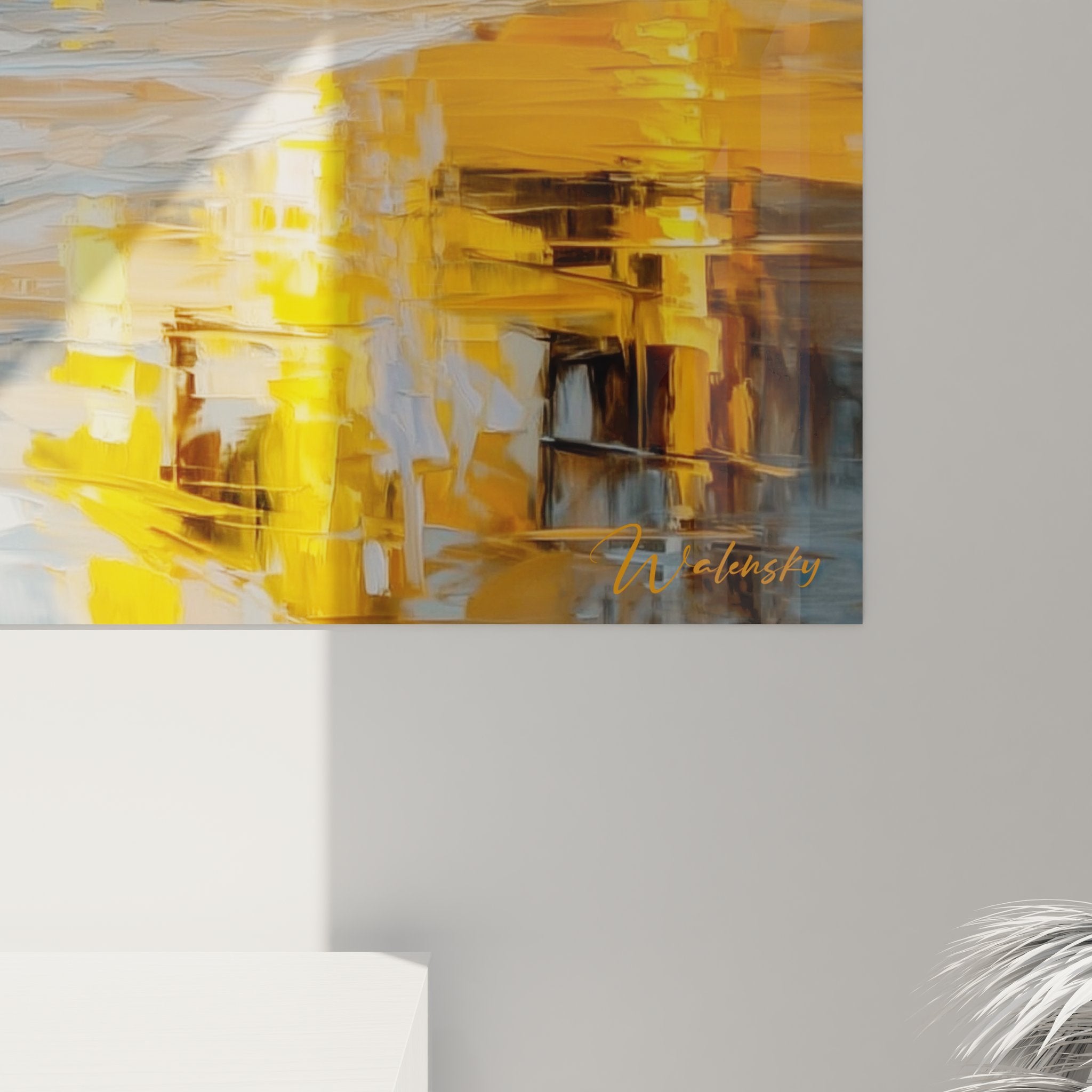 Vue ensemble tableau mural paysage tropical, composition complète coucher soleil palmiers rochers océan