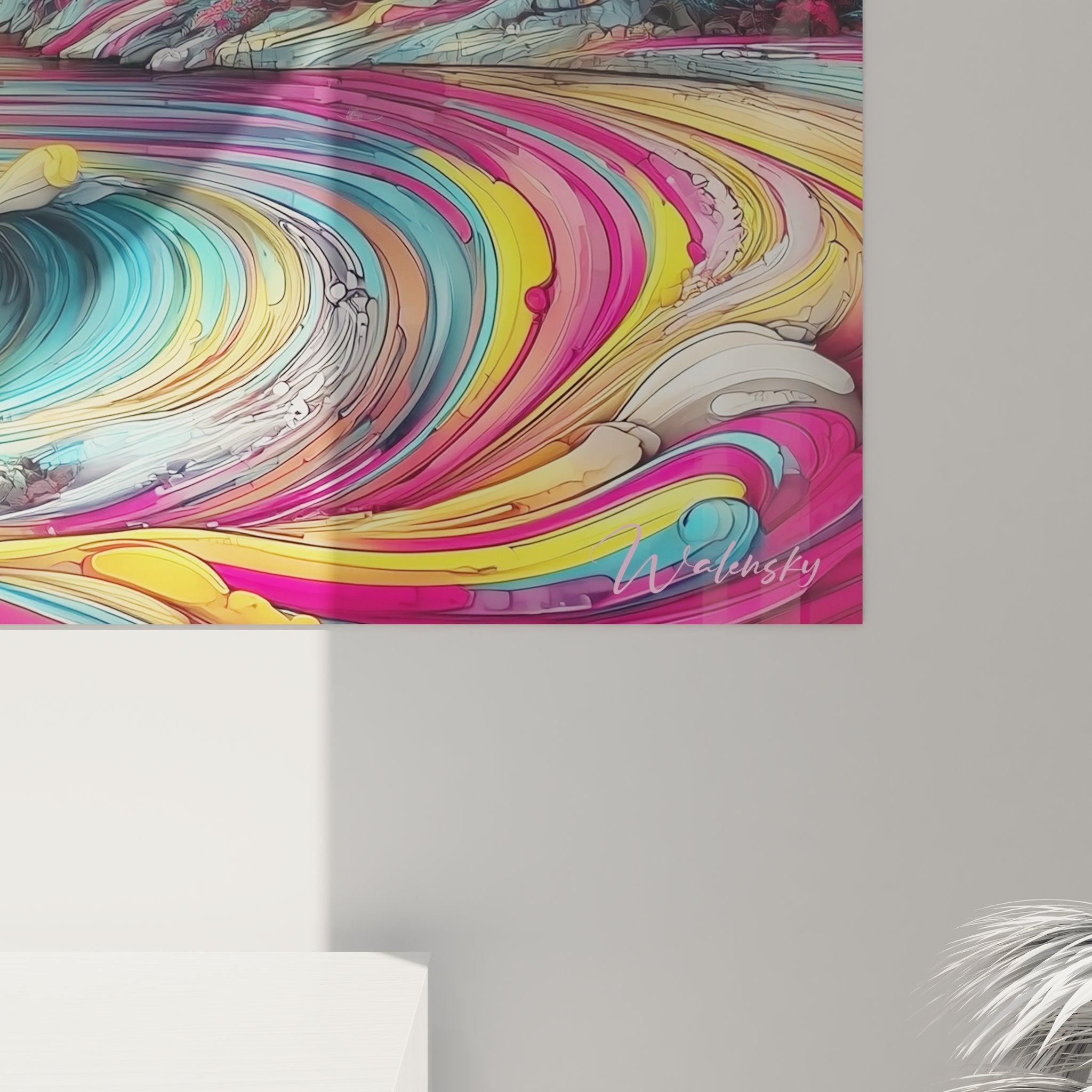 Vue ensemble tableau mural paysage psychédélique avec explosion de couleurs et rayons de soleil