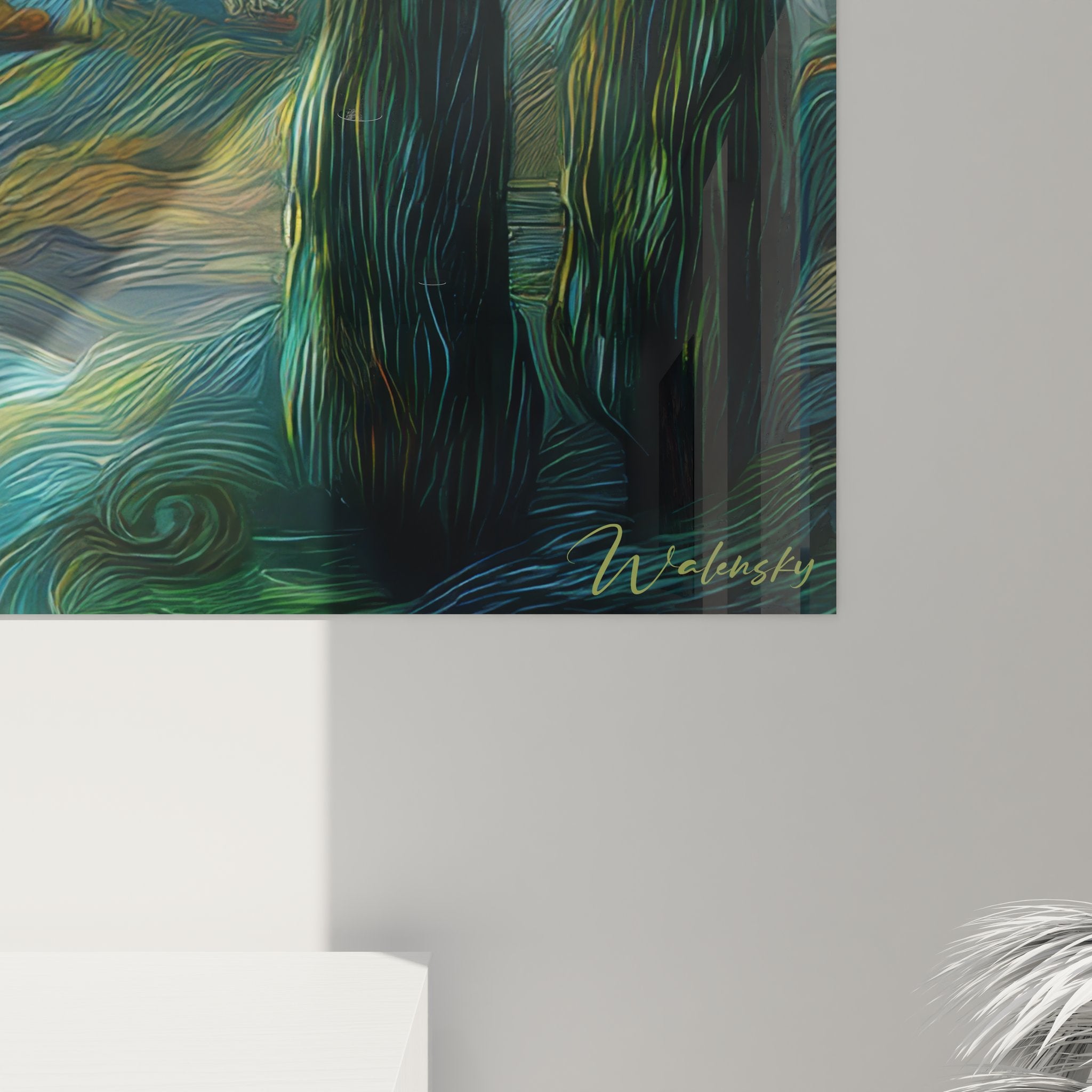 Vue ensemble tableau mural paysage cyprès, ciel étoilé tourbillonnant, œuvre d'art décorative complète