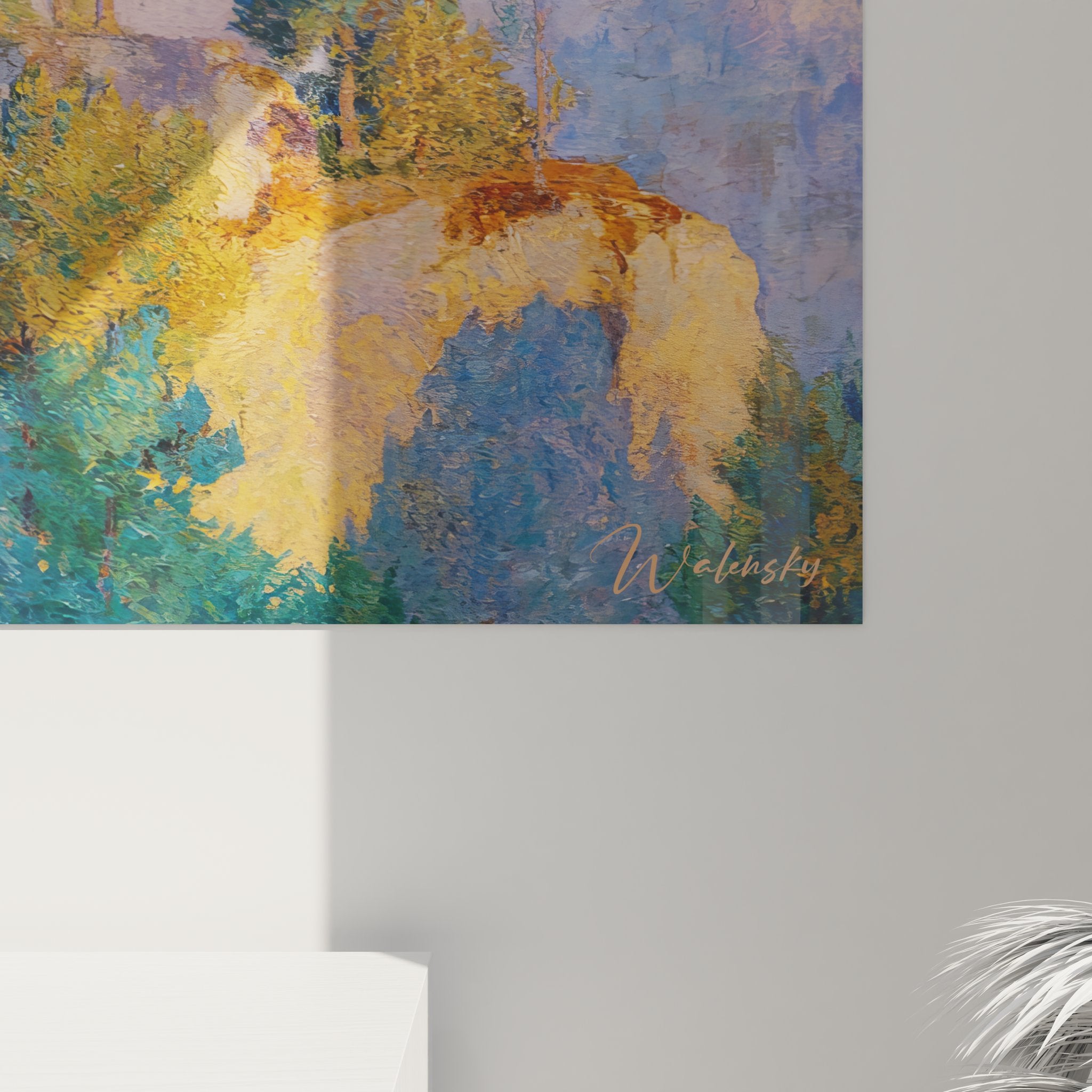 Vue ensemble tableau mural paysage falaises méditerranéennes rochers dorés décoration intérieure