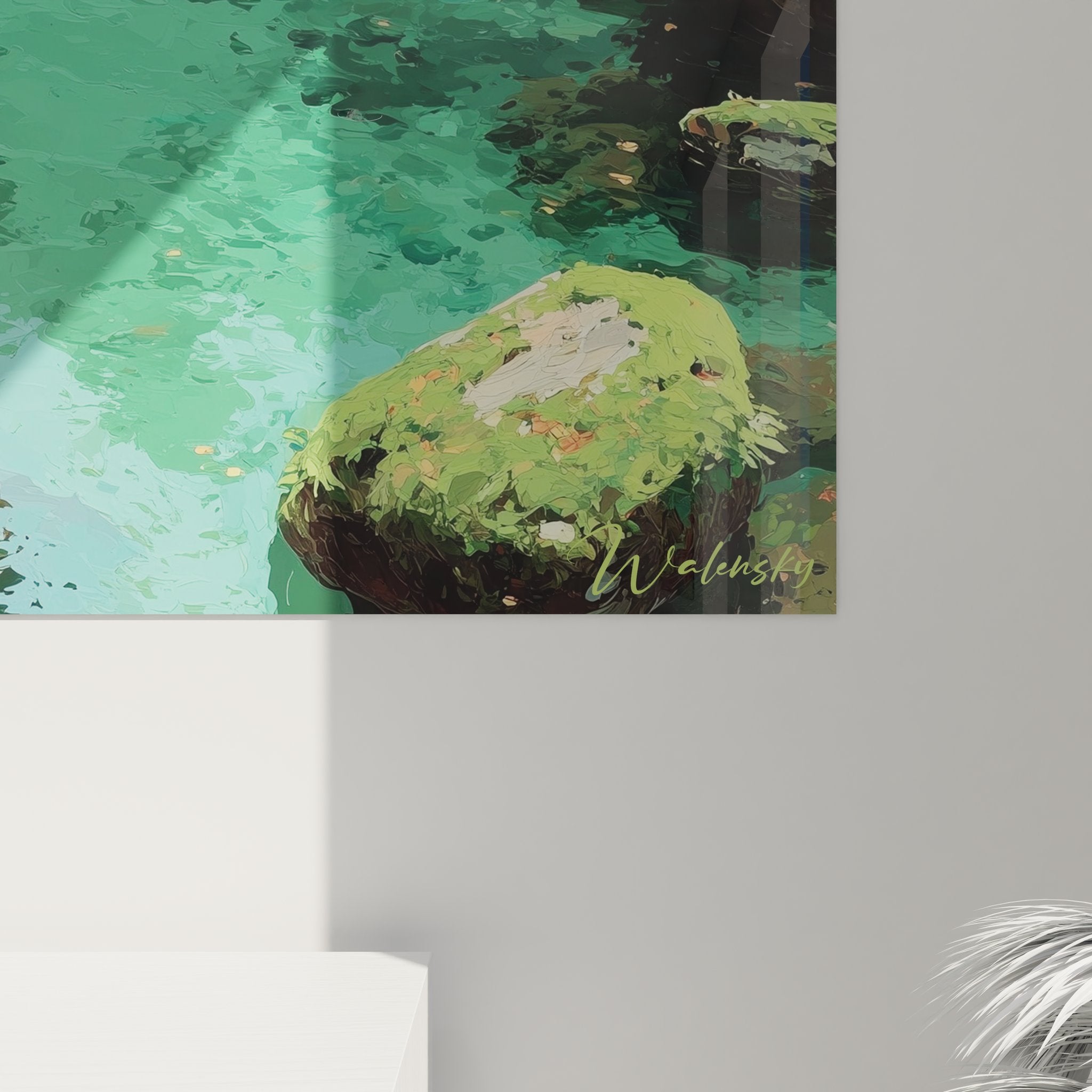 Vue ensemble tableau mural forêt chemin pavé bassin naturel, œuvre paysage forestier pour intérieur zen