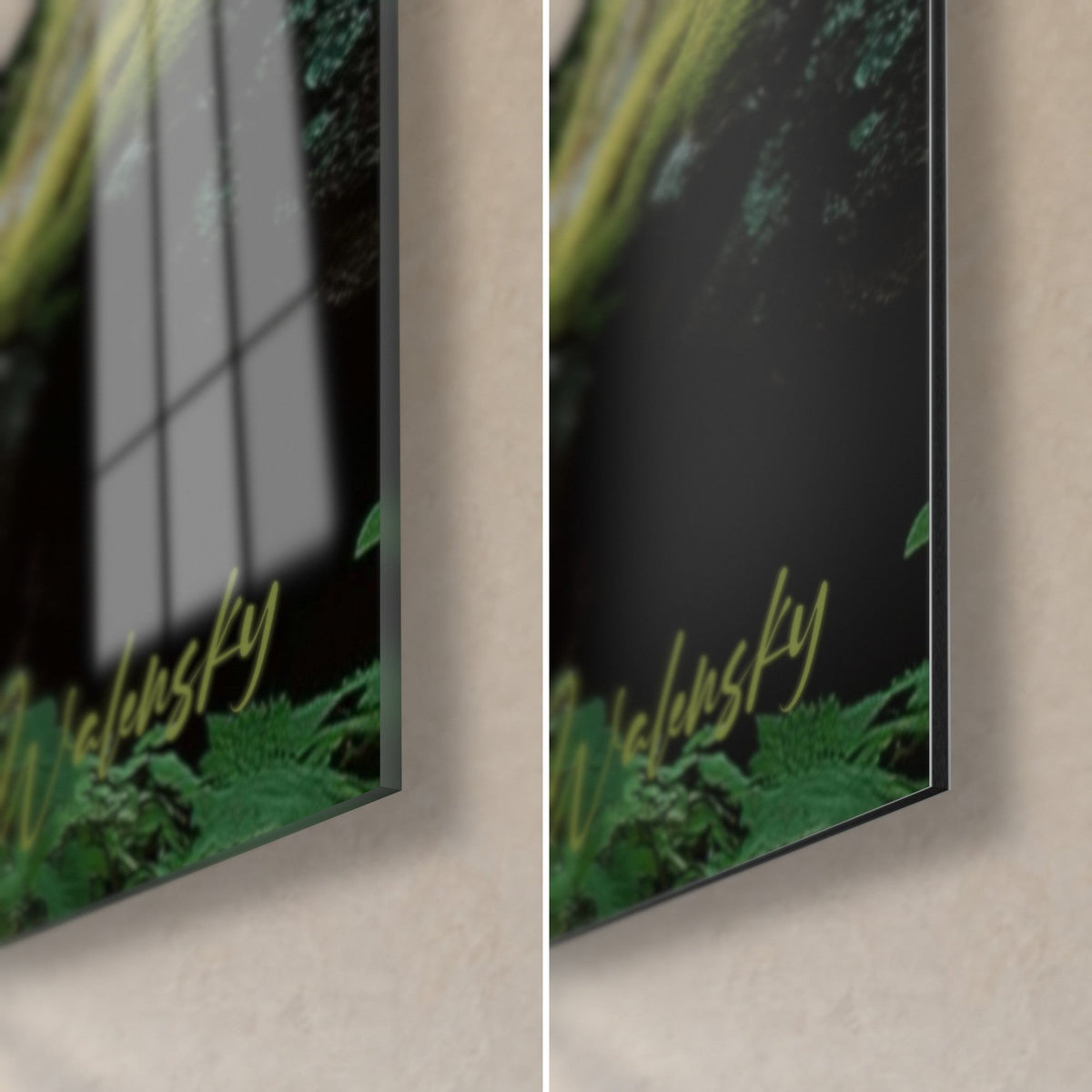 Wall art mystical undergrowth scene, bottom right corner: glossy glass with window reflections, matte black Dibond aluminium, 3 mm edge, golden signature