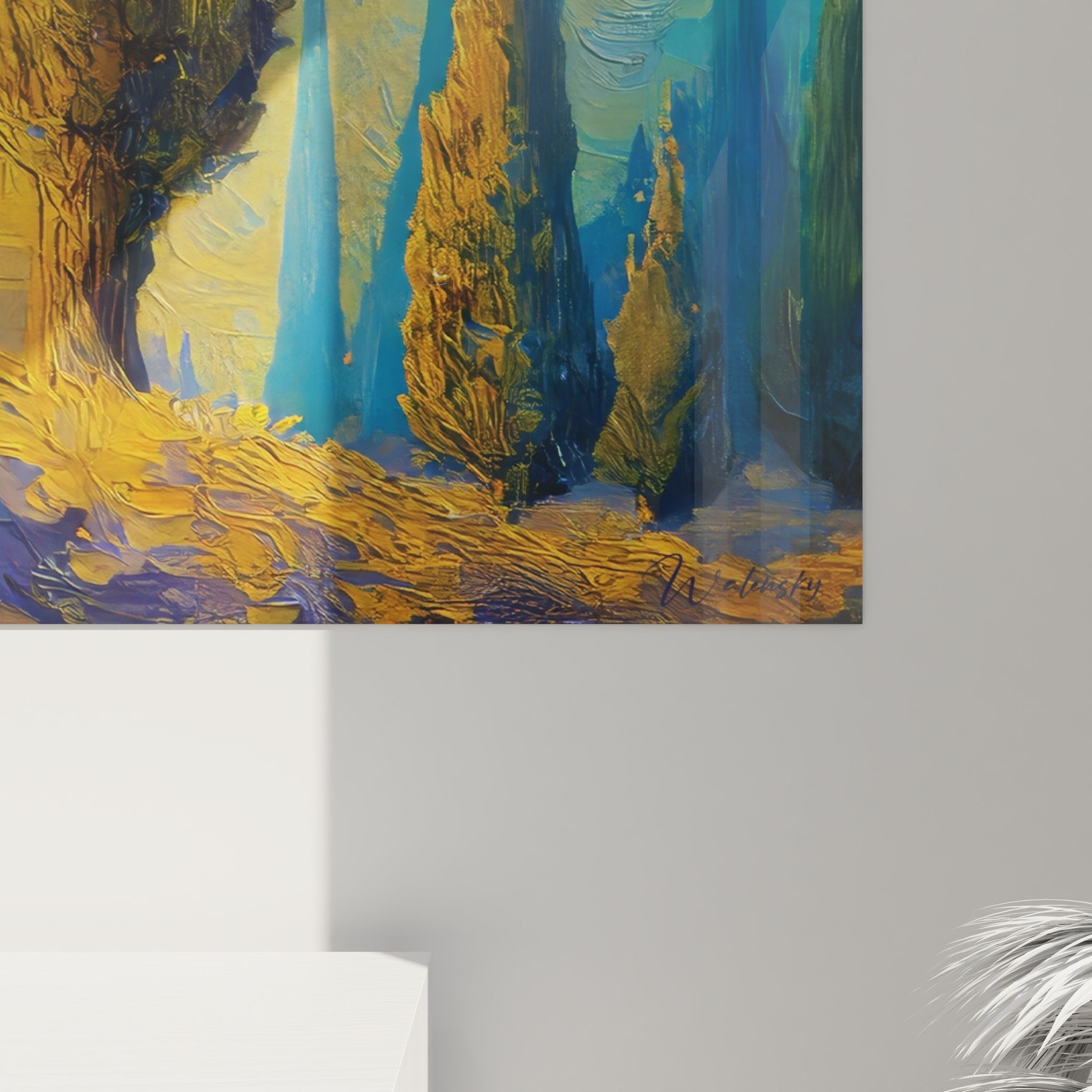 Vue ensemble tableau mural paysage forêt mystérieuse lumière dorée décoration murale moderne