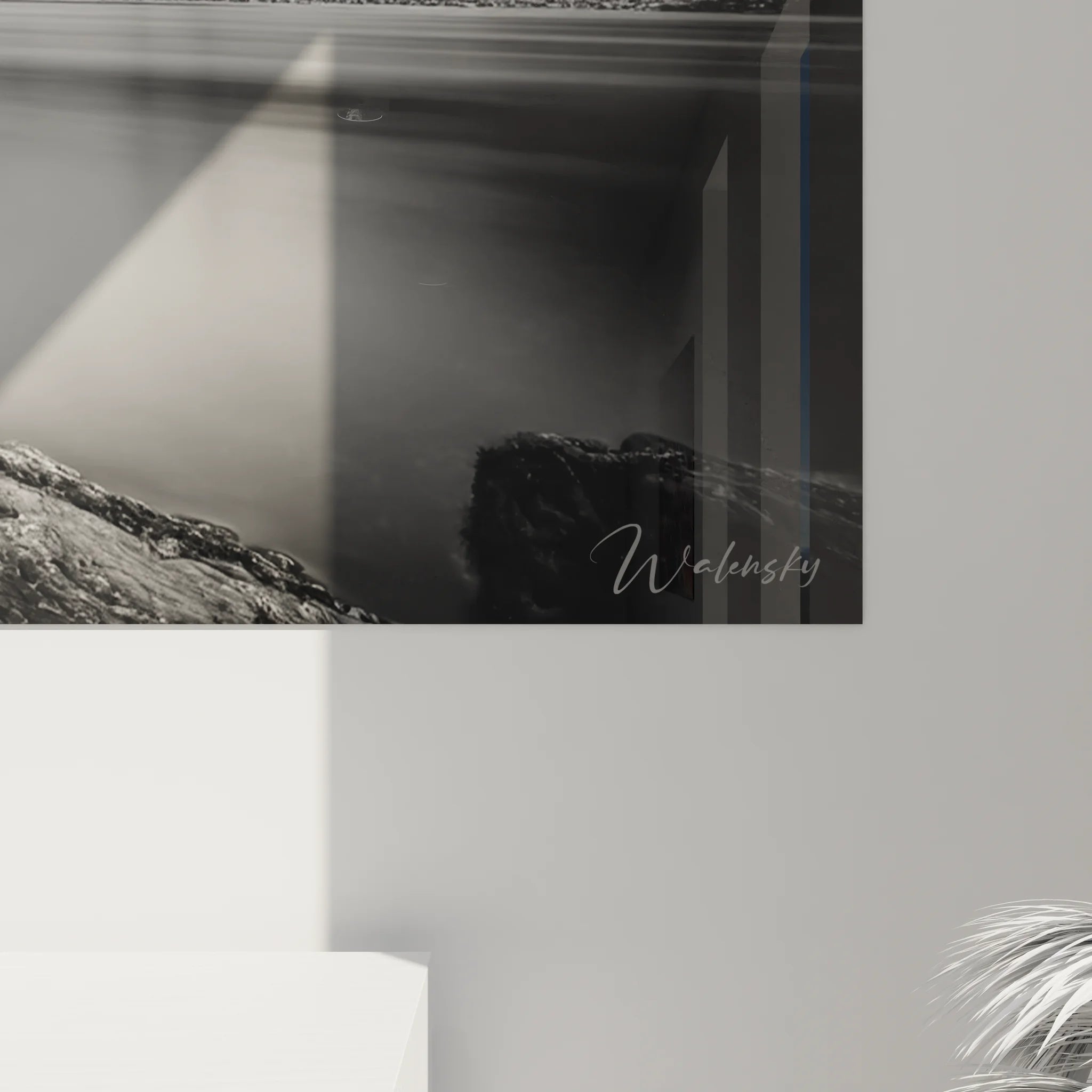 Vue d'ensemble tableau paysage lac noir et blanc avec arbre sur rocher décoration murale moderne