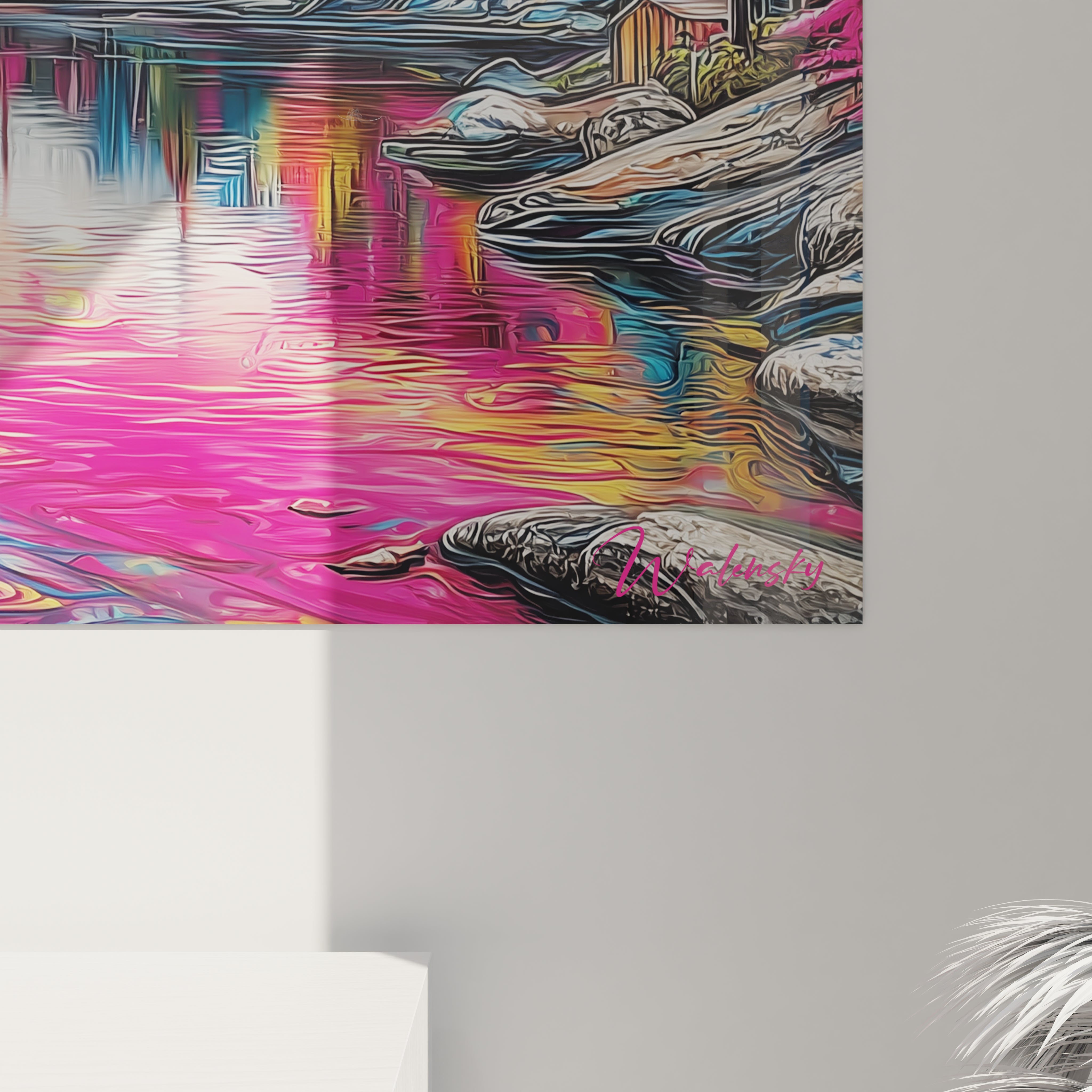 Vue ensemble tableau mural paysage lac montagne couleurs psychédéliques décoration moderne