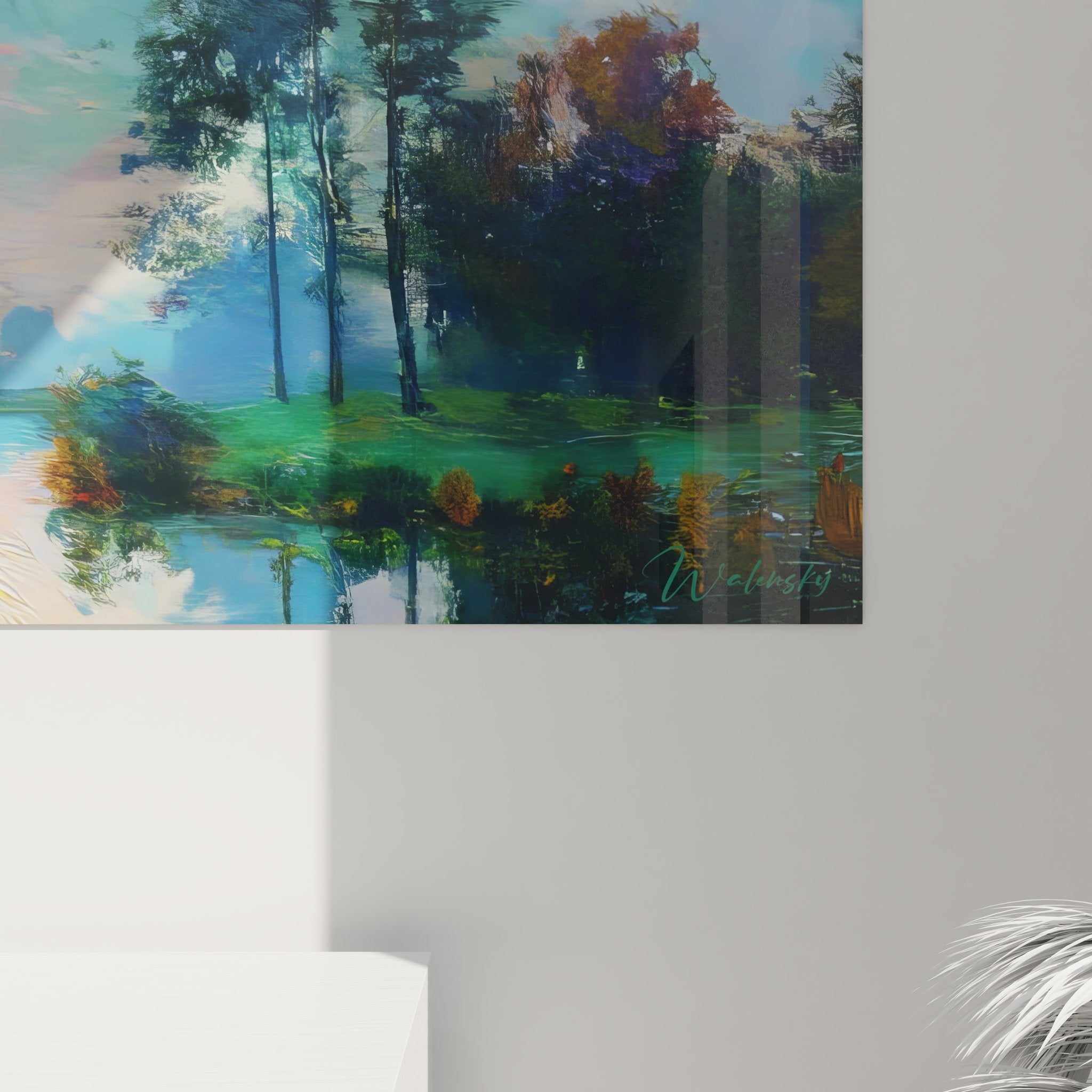 Vue ensemble tableau mural paysage lacustre coucher soleil style impressionniste