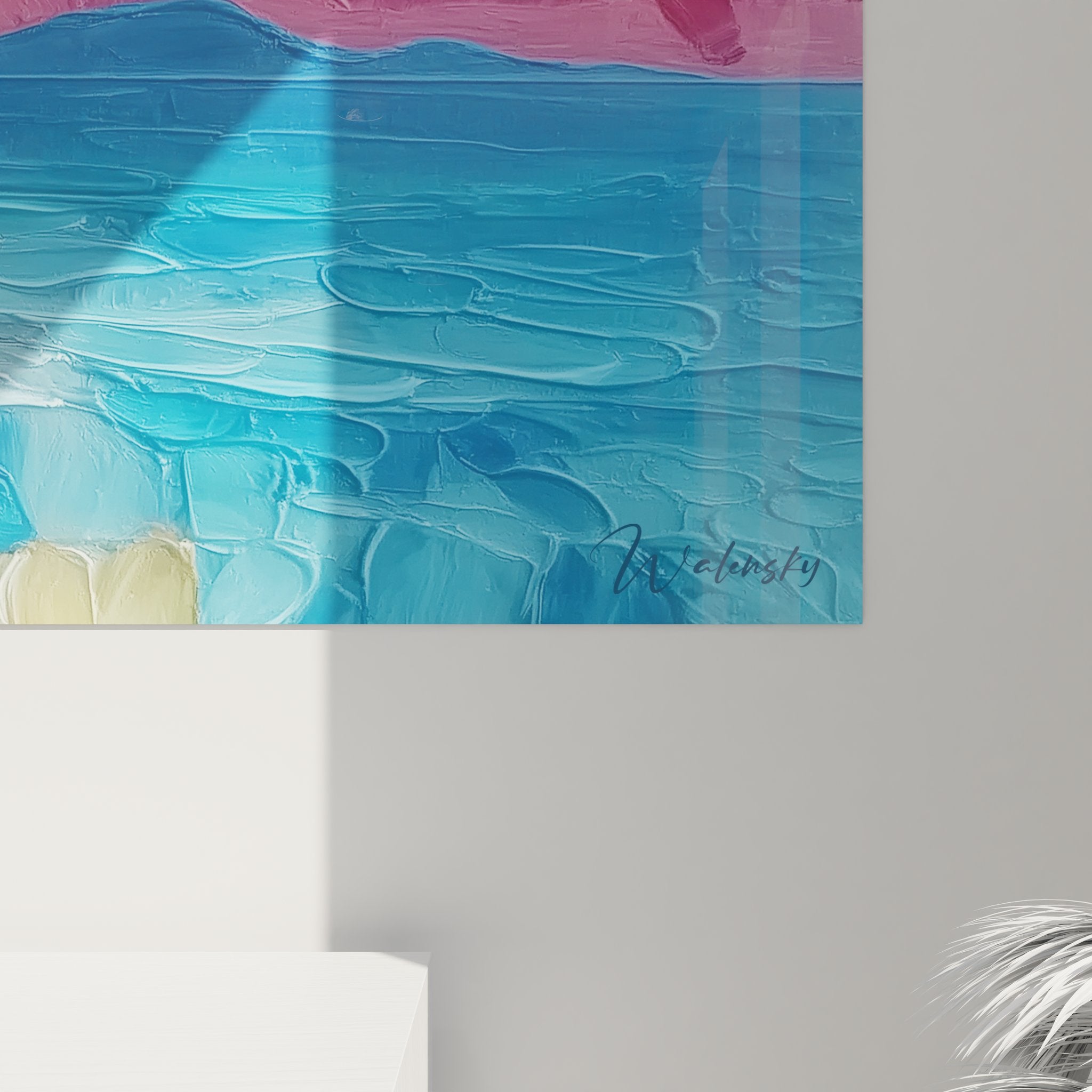 Vue ensemble tableau paysage maritime coucher soleil décoration murale art plage couleurs vives océan