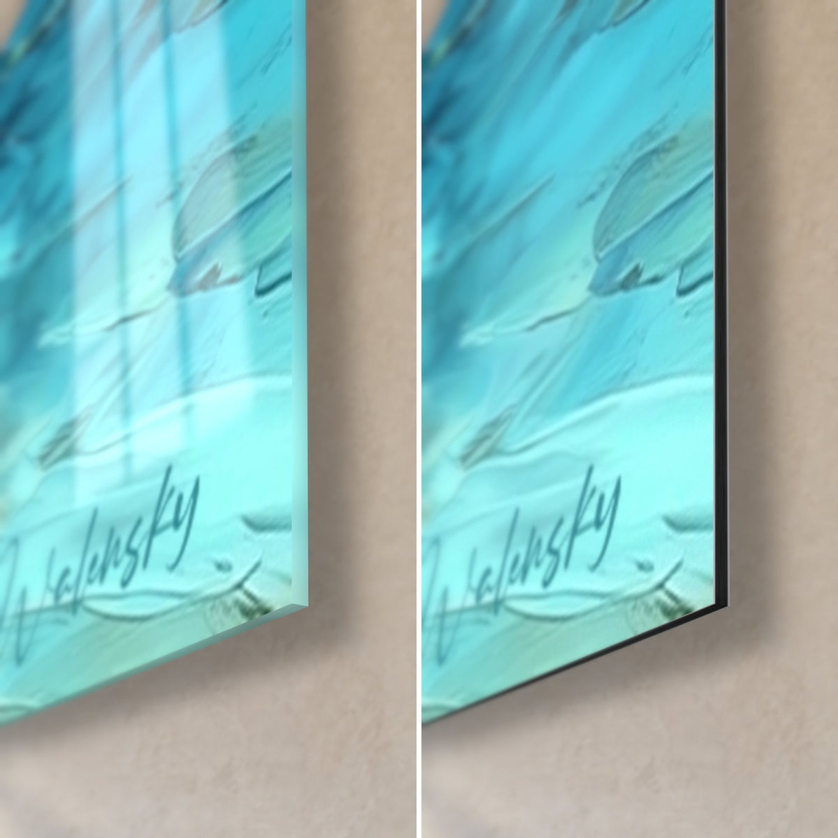Wall art of a dream beach in palette-knife strokes, turquoise and ochre corner bottom right, glossy glass on the left, matte Dibond on the right