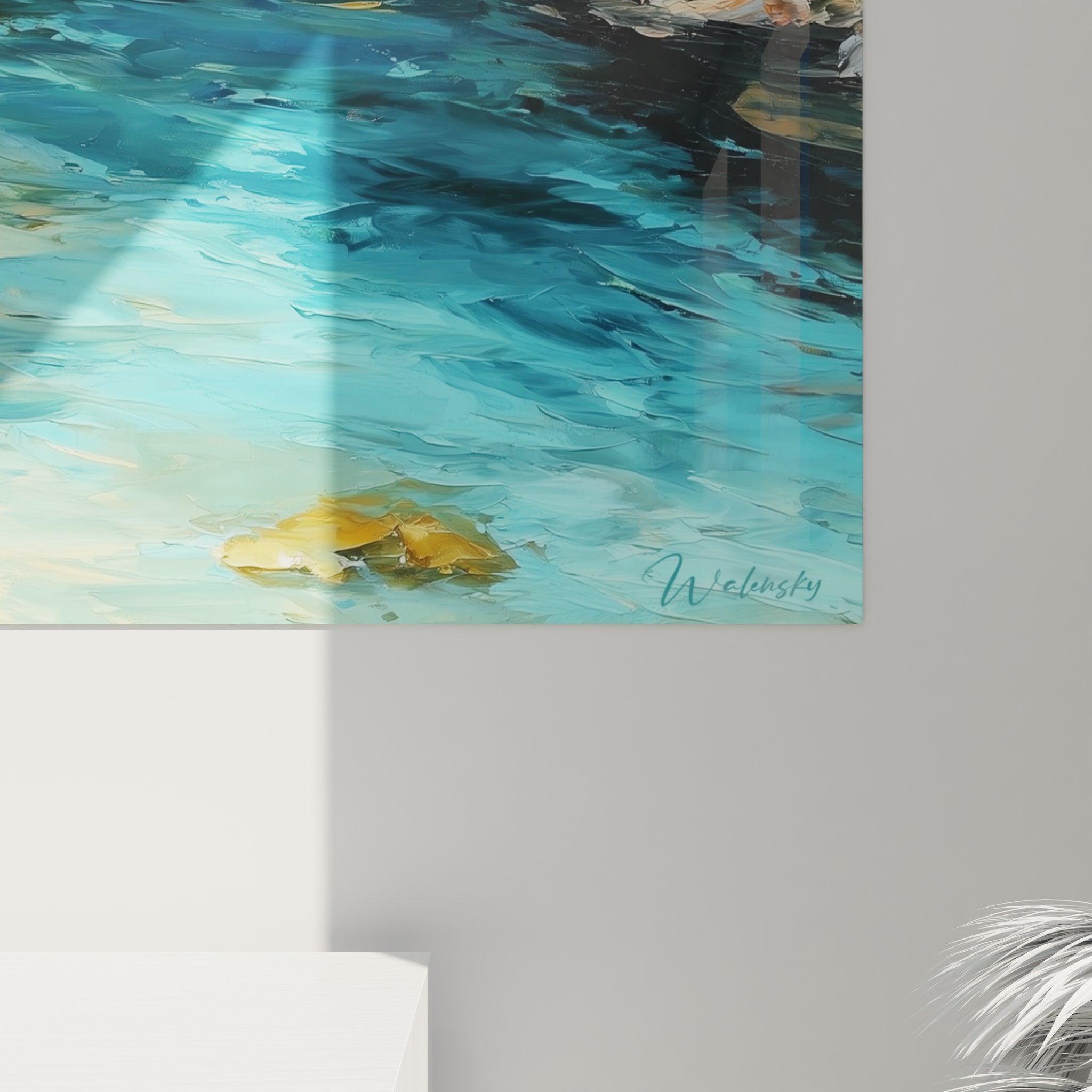 Vue ensemble tableau décoratif paysage marin tropical avec village coloré et végétation luxuriante