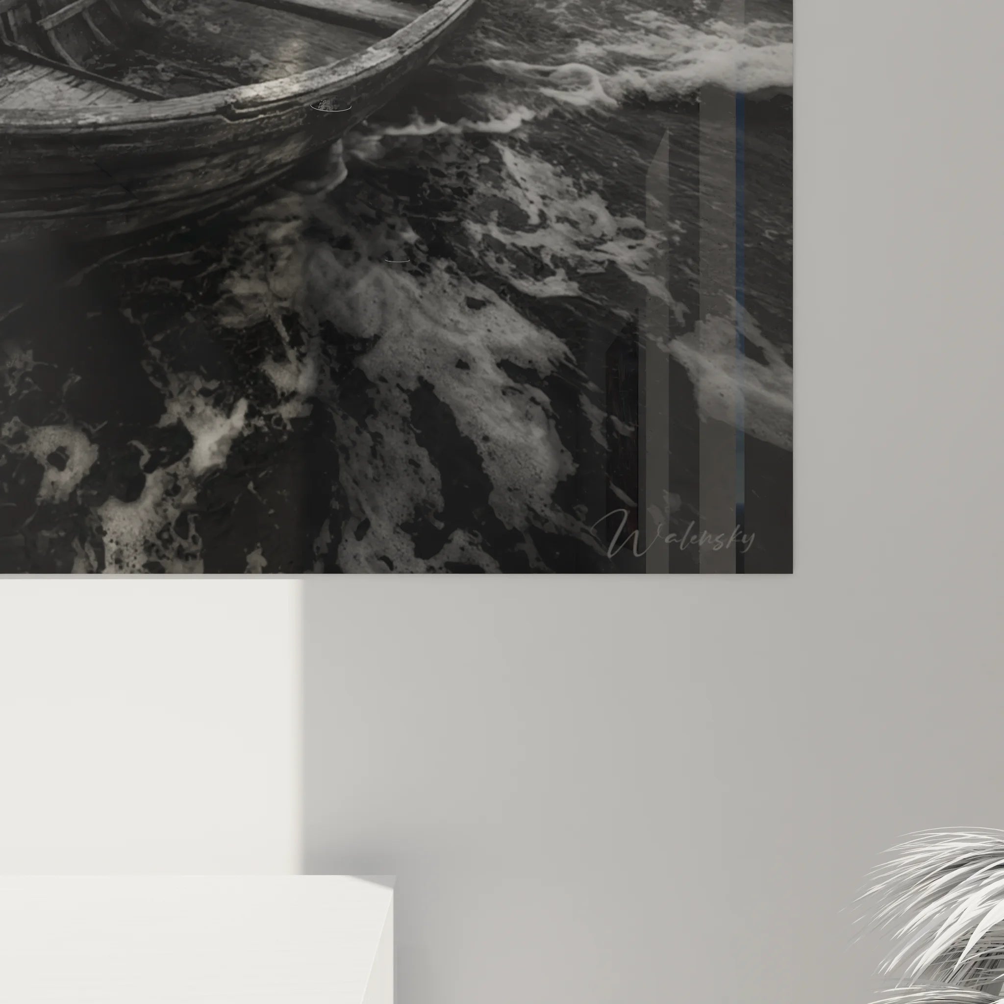 Vue ensemble tableau paysage maritime noir et blanc barque plage décoration moderne