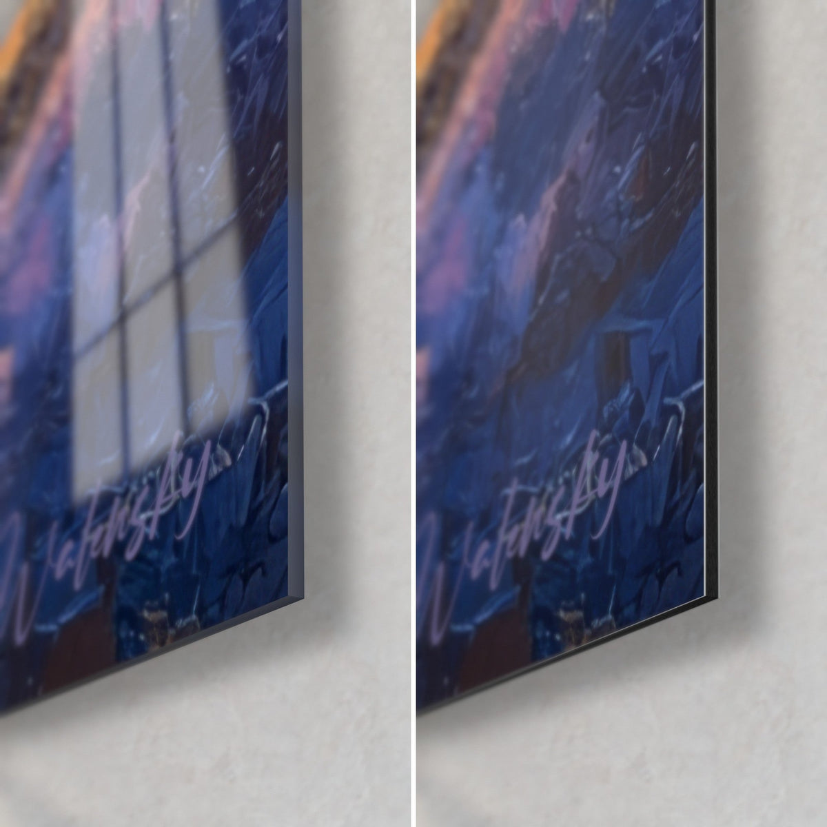 Gemälde Küstenort, unten rechts: violetter Lavendel mit dicken Farbtupfern, glänzendes Acrylglas und mattes Dibond, 3 mm Kante