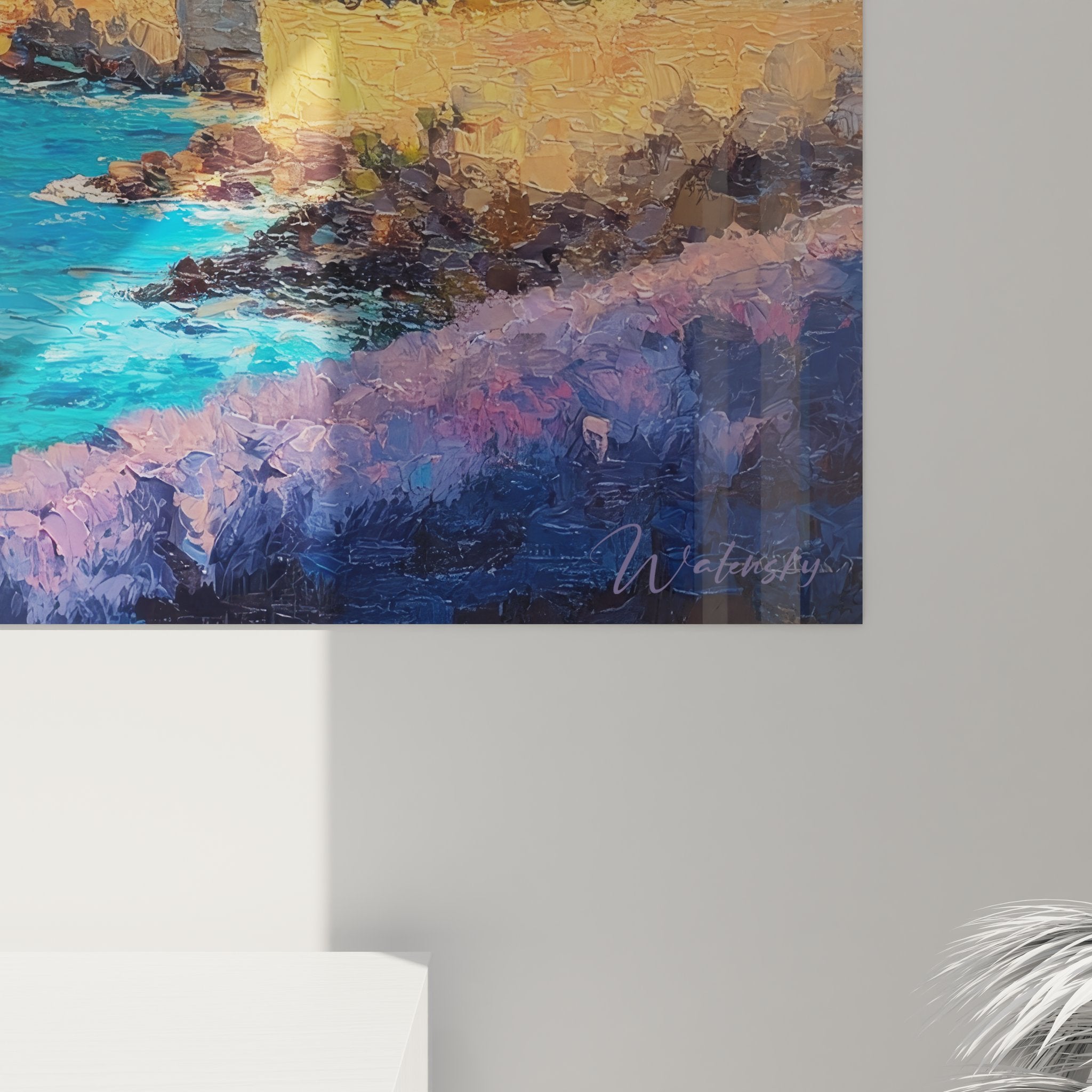 Vue ensemble tableau mural paysage maritime village coloré décoration bord de mer