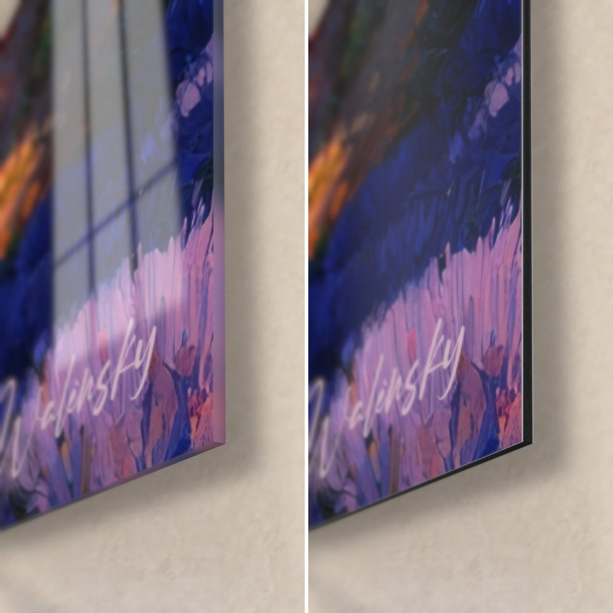 Tableau paysage côtier, coin bas droit : lavande violette peinte, verre brillant à gauche, Dibond mat à droite, tranche 3 mm