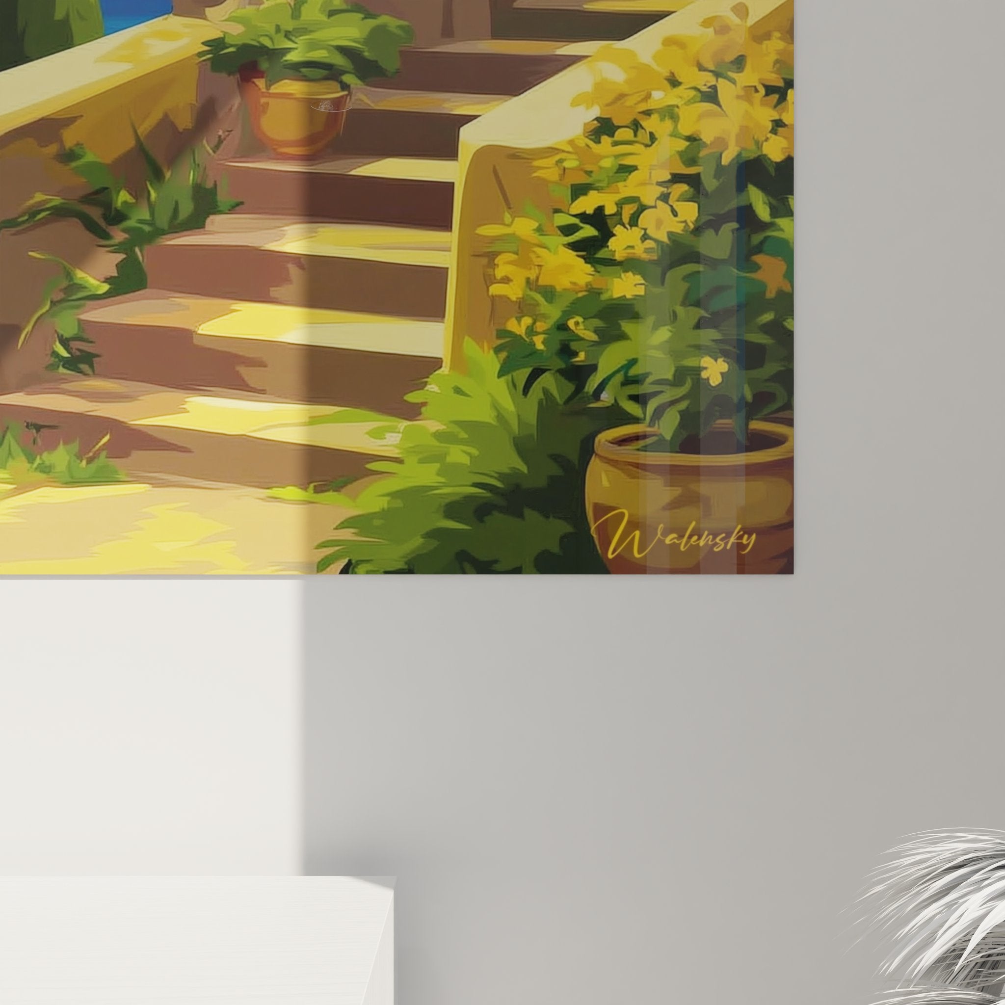 Vue ensemble tableau mural paysage méditerranéen terrasse fleurie mer bleue décoration intérieure moderne