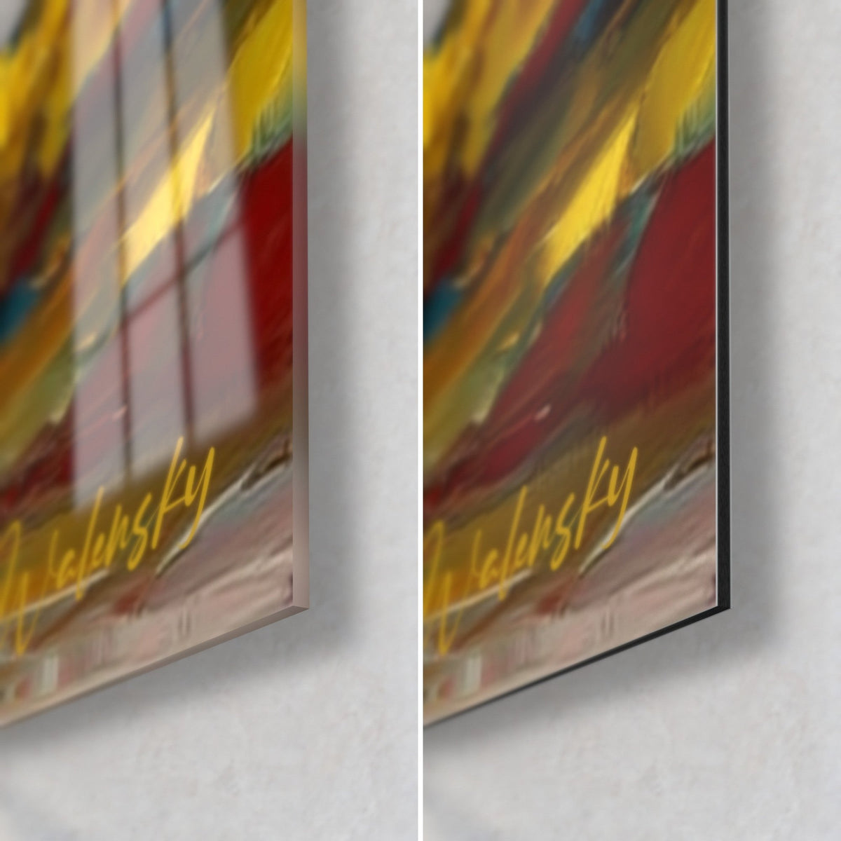 Tableau montagne enneigée en peinture épaisse, coin bas droit jaune et rouge, verre brillant et Dibond mat sur tranche 3 mm